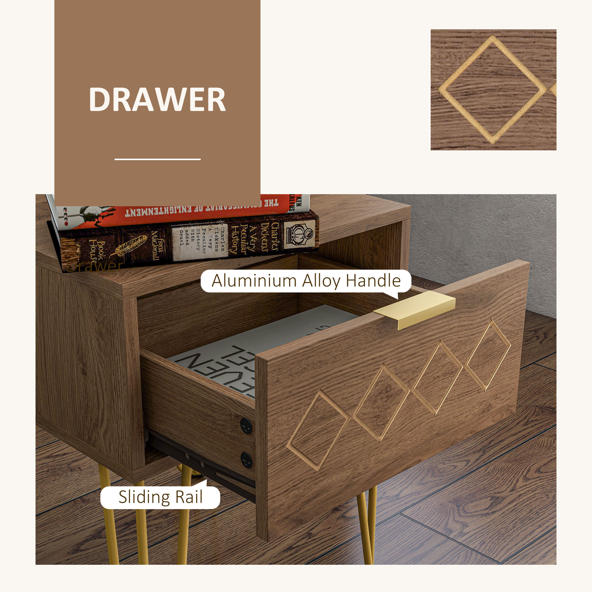  Noptiere Moderne Set 2 Bucati din PAL si Otel cu Sertar, 39.5x41x49 cm, Maro [4]