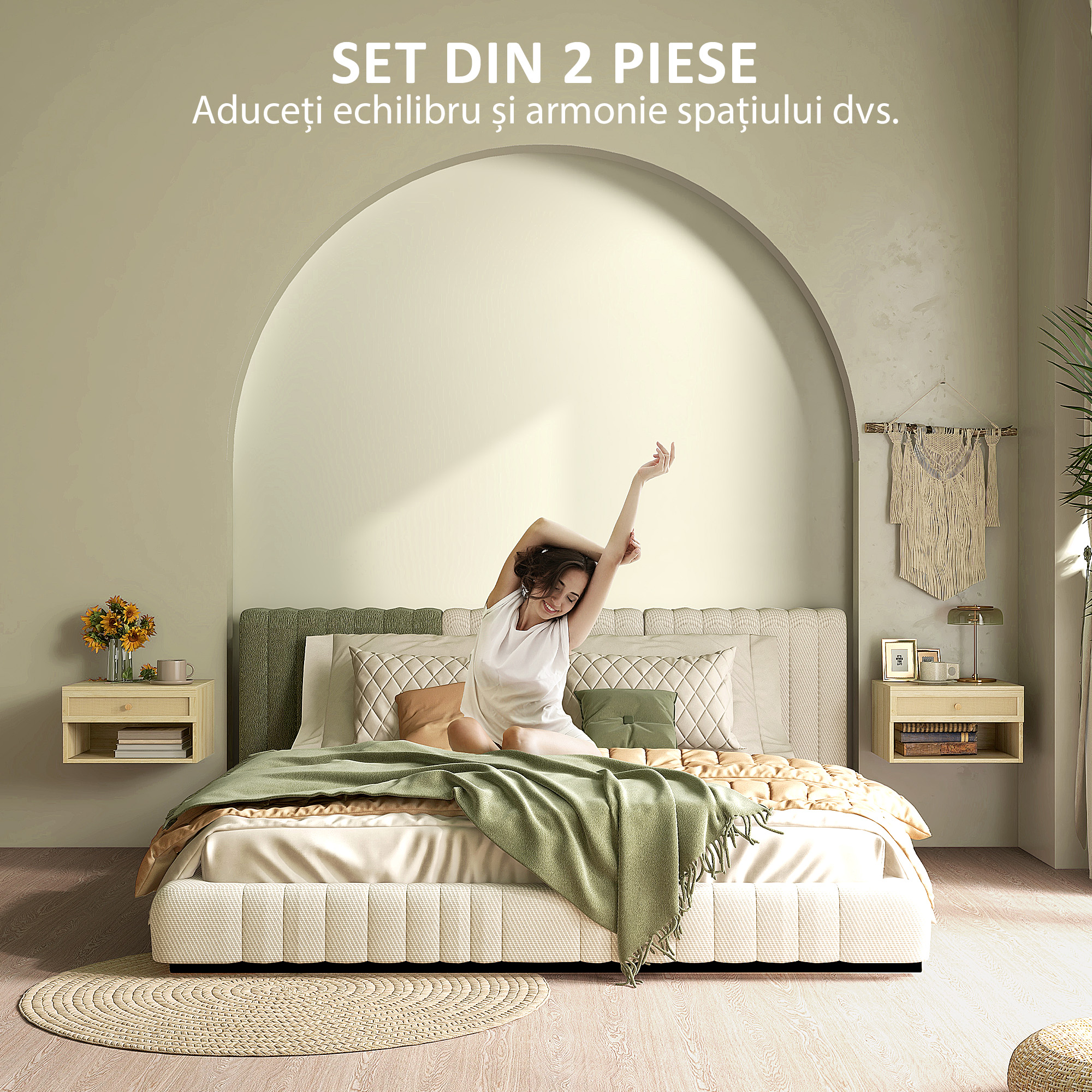  Set 2 noptiere cu sertar si rafturi deschise, stil Boho, din PAL si ratan, 40x34x23 cm [3]