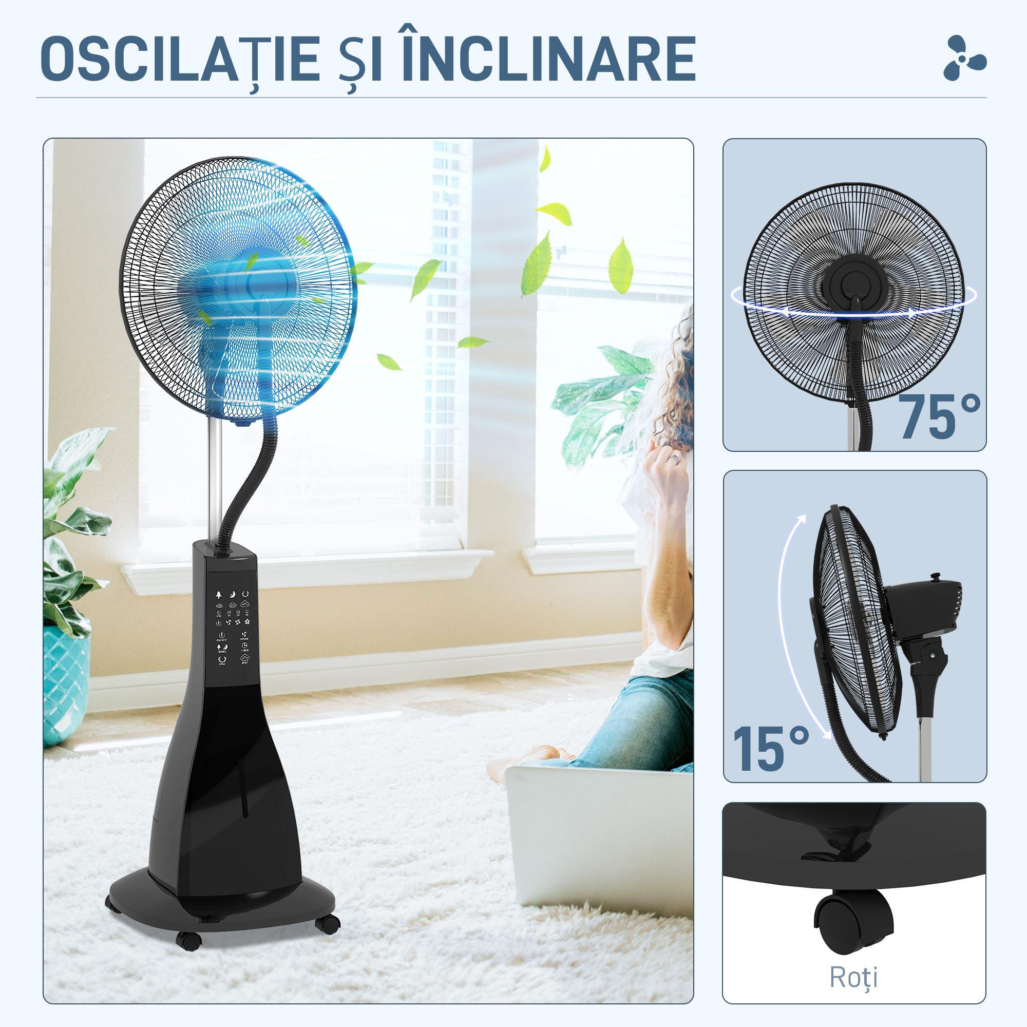 , Ventilator pe Picior, cu Pulverizare de Apa, Metal, ABS, 44.5 x 38.5 x 120 cm, Negru [5]