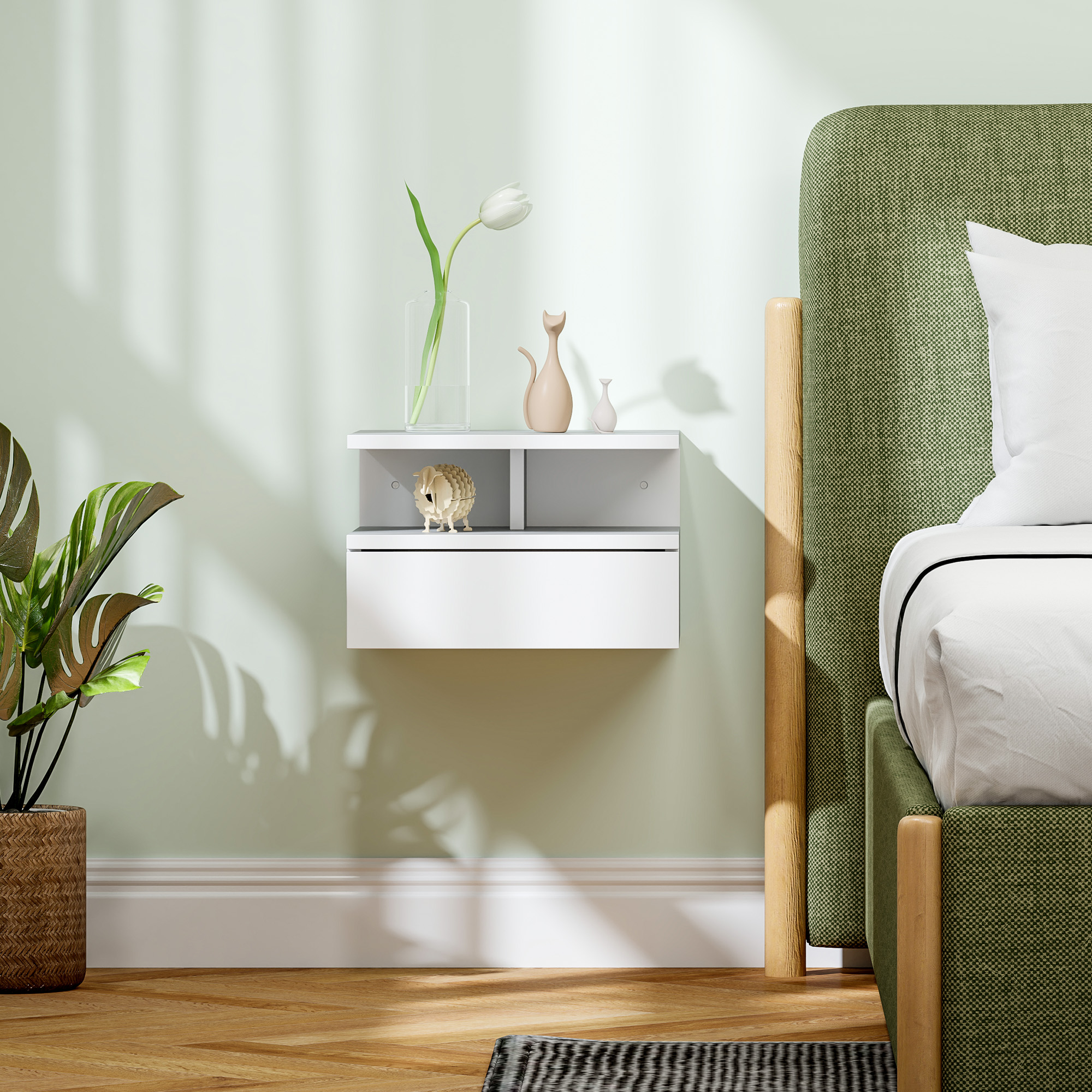  Noptiera Suspendata pentru Dormitor cu Sertar si Raft din Lemn, 35x32x22.5cm, Alb [6]