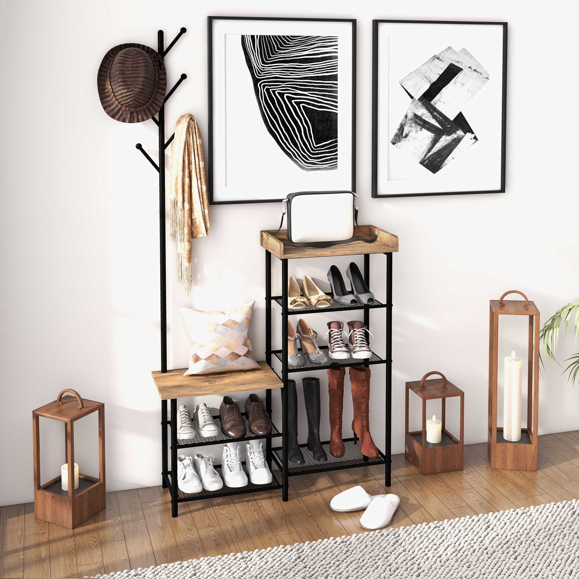  Cuier de Podea cu 6 Agatatori din PAL si Otel cu Dulap pentru Pantofi si Depozitare, 92.5x28.2x182 cm [1]