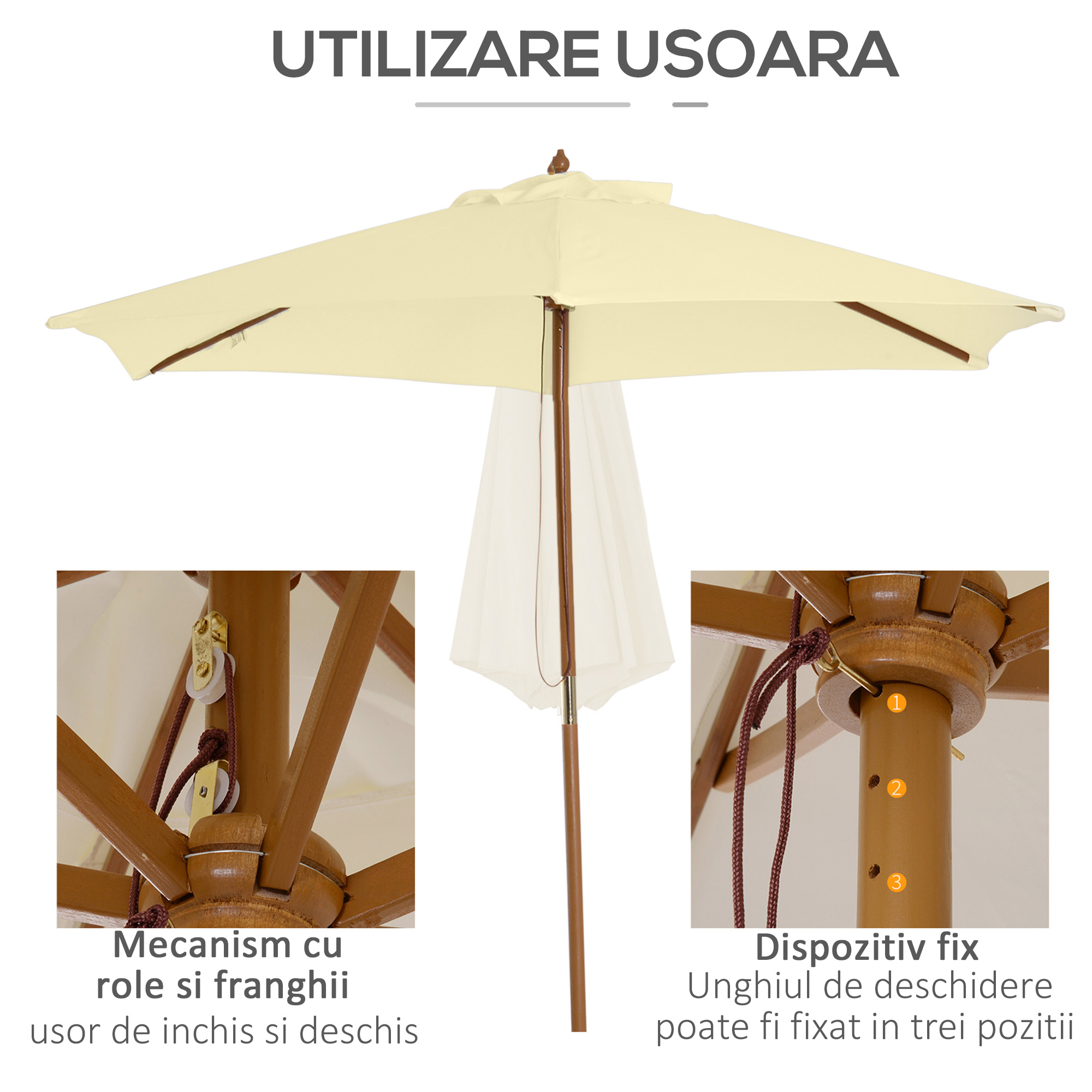  Umbrela Soare pentru Extern cu Suport din Lemn pentru Extern şi pentru Gradina 2.5X2.3m Crem [4]