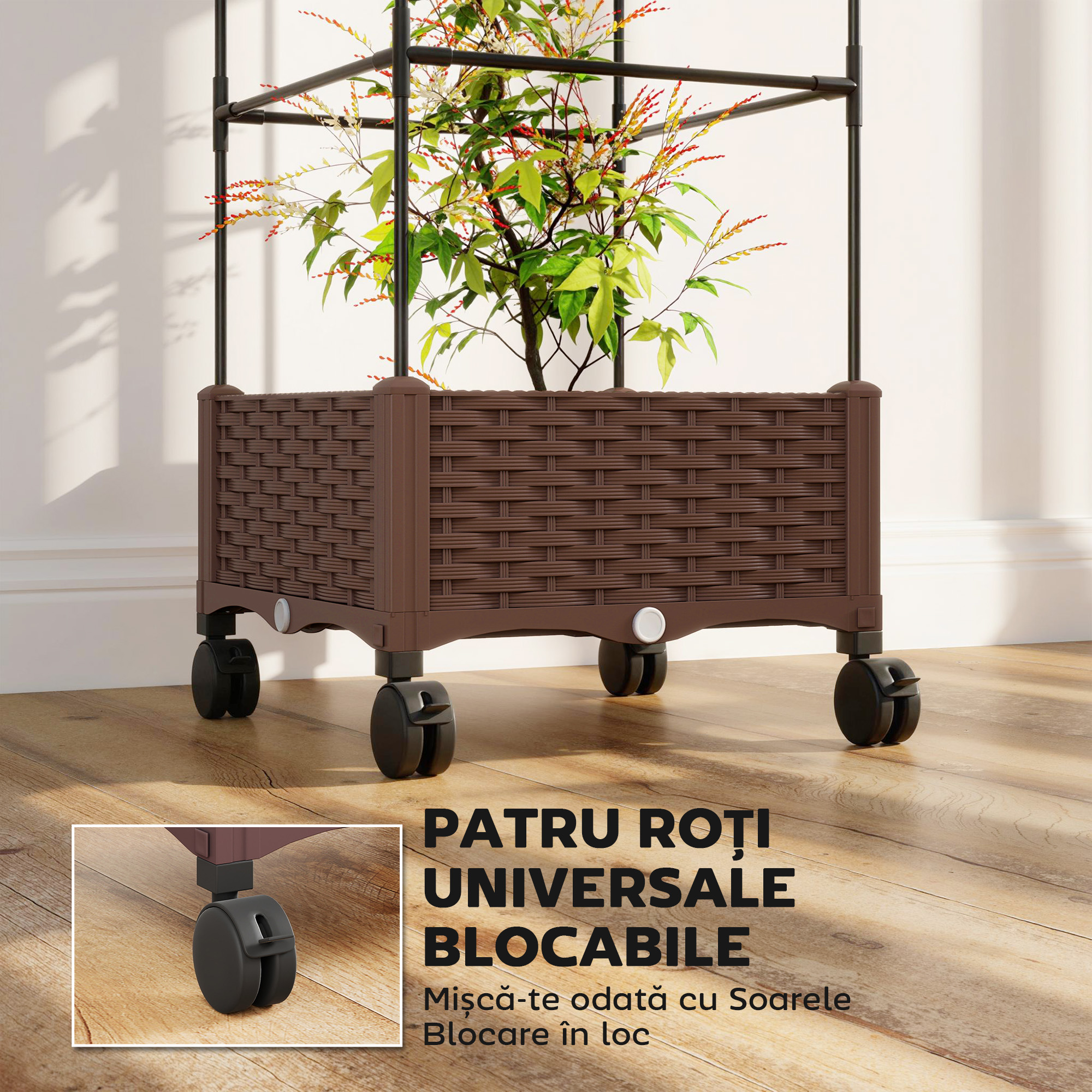  Jardiniera inaltata cu Spalier 20L, Roti Blocabile si Sistem de Autoirigare, Maro [6]