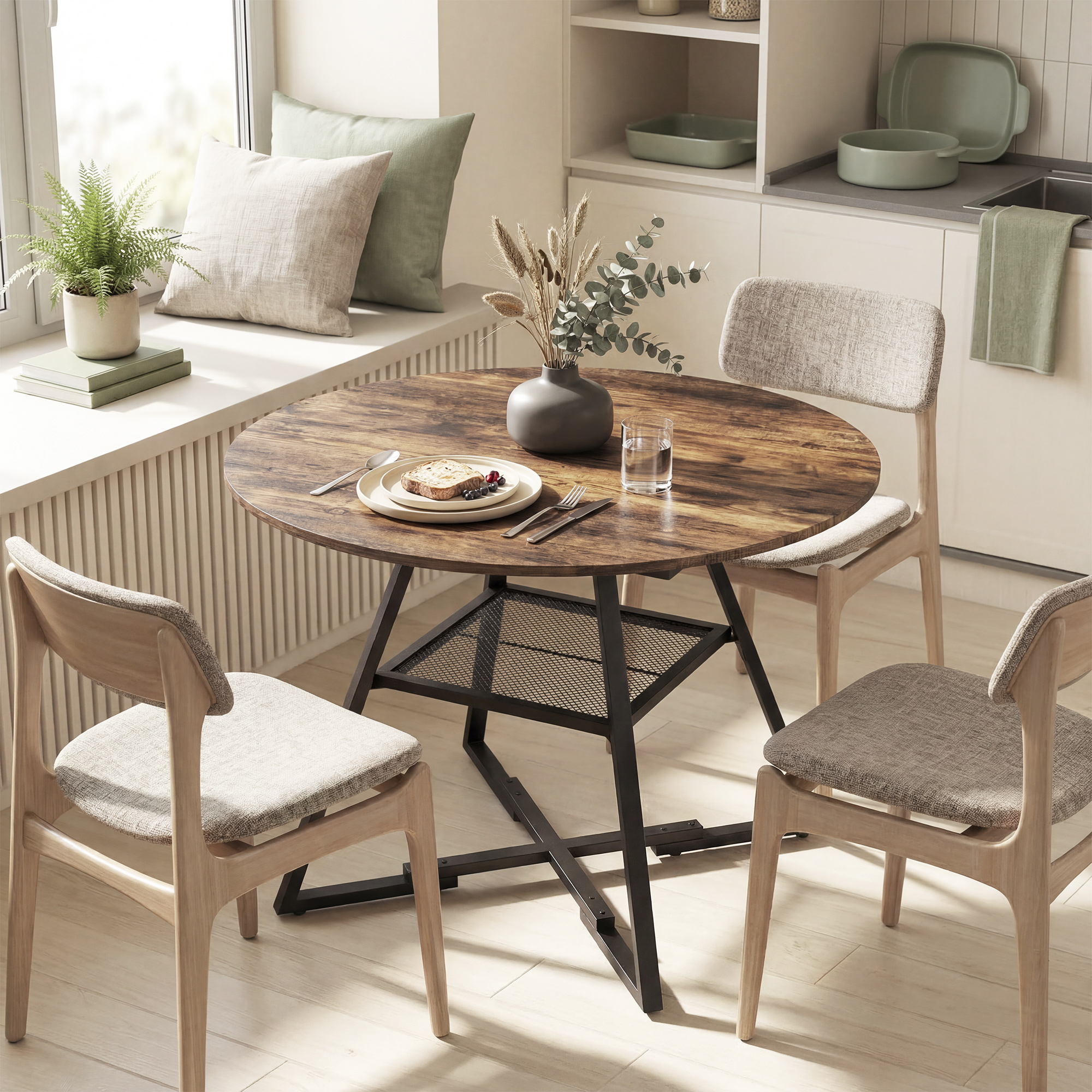  Masa de dining 4 locuri, 100 cm rotunda, bucatarie industriala, polita de depozitare, maro rustic. [8]