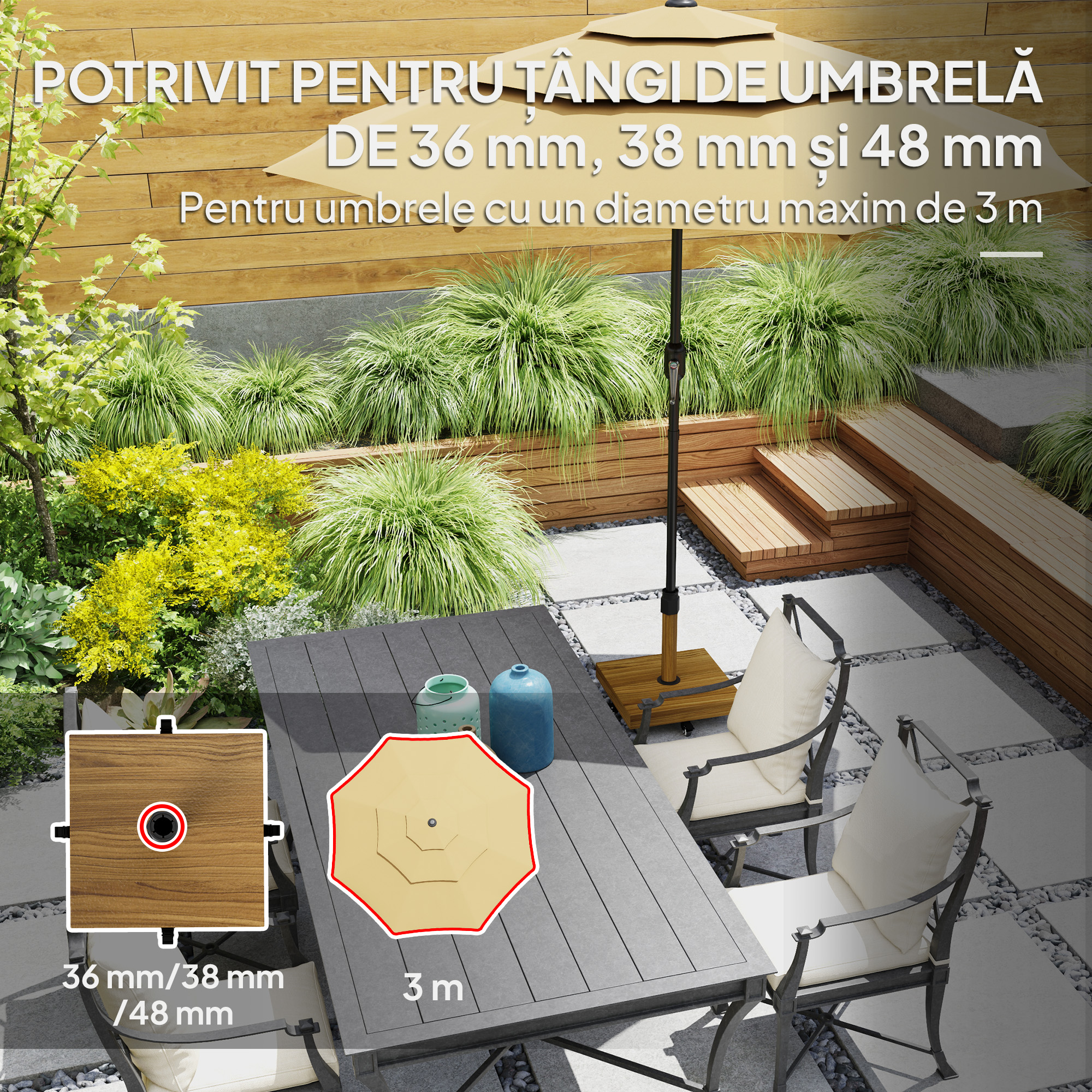  Baza pentru Umbrela cu Roti si Frane, Suport din Metal cu Ciment, pentru Stalpi de Umbrela Ø36/38/48 mm, Efect Lemn Natural [3]