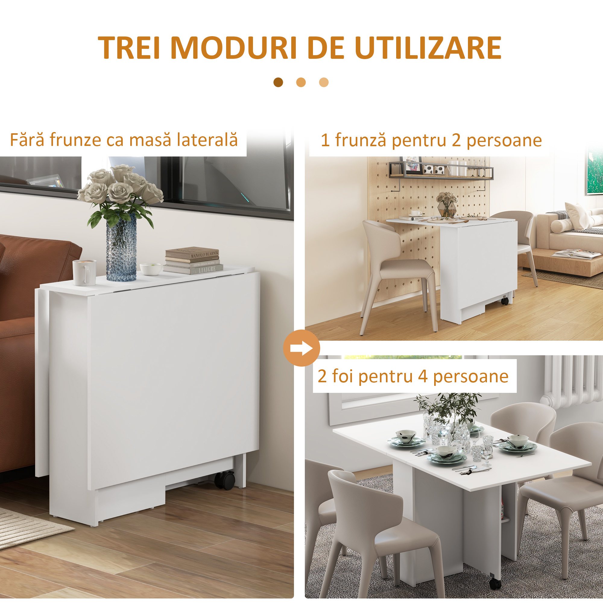  Masa Pliabila Compacta cu 2 Extensii pentru 6 Persoane, cu Rafturi si Roti, Alba [3]