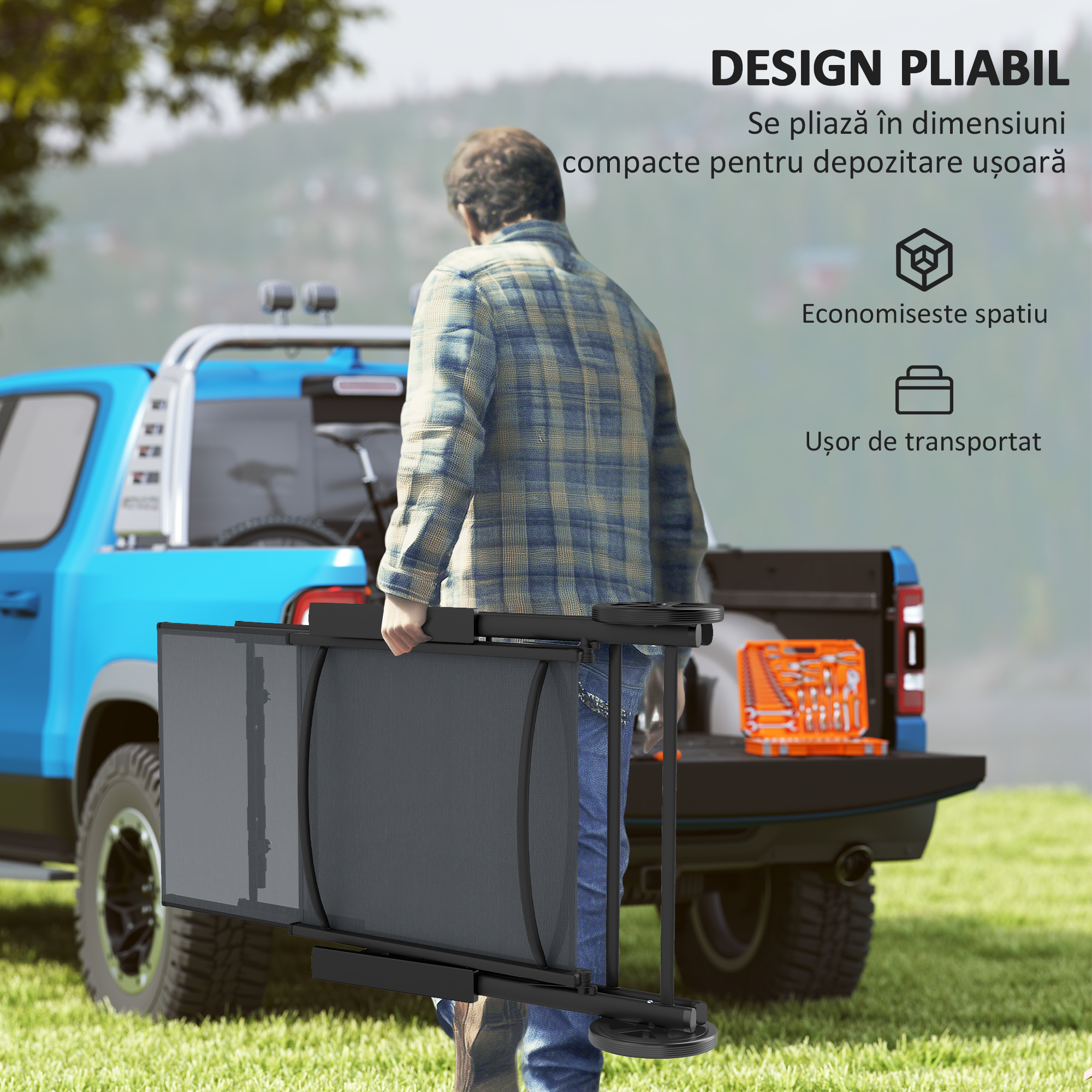  sezlong Pliabil cu Roti si Spatar Reglabil in 5 Pozitii, 72x158x84 cm, Gri [6]