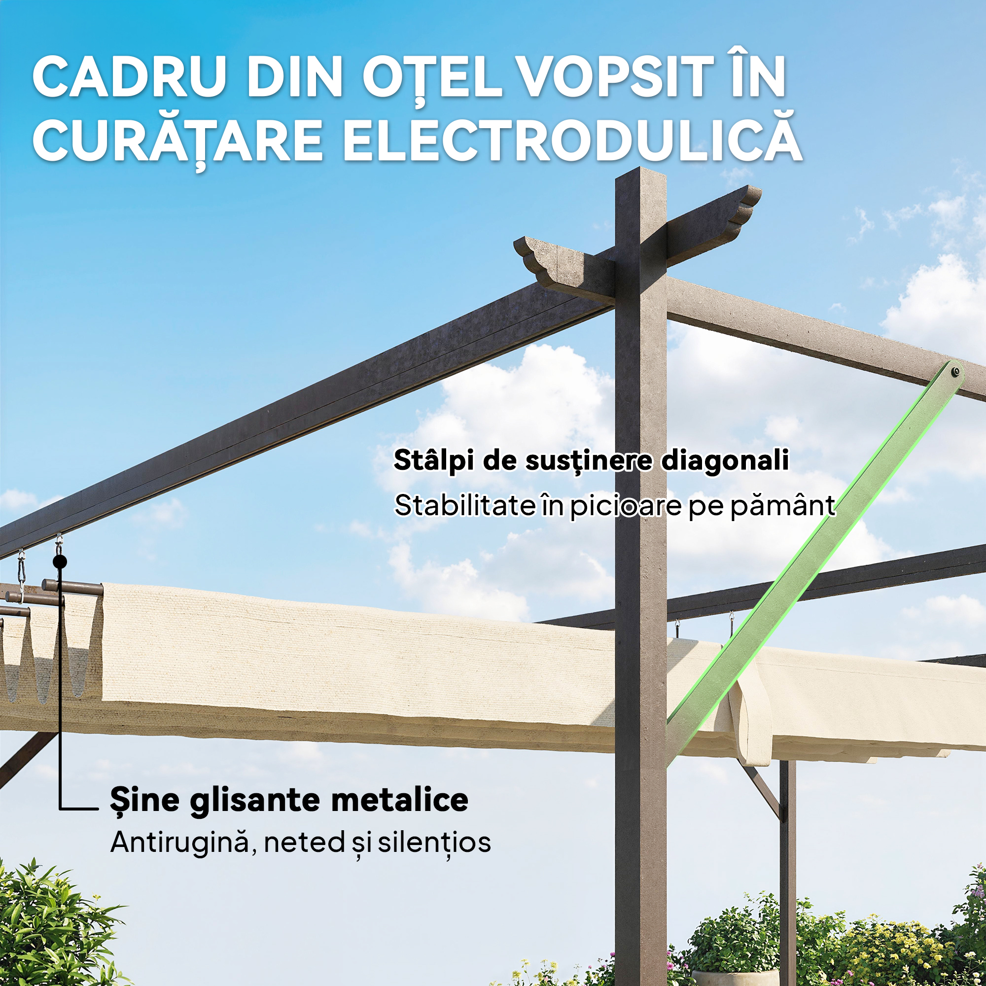  Pergola Adosata 3x3 m cu Acoperis Retractabil, Orificii de Drenaj, Pergola de Gradina din Poliester si Otel, pentru Terasa, Exterior, UV30+, Alb Crem [5]