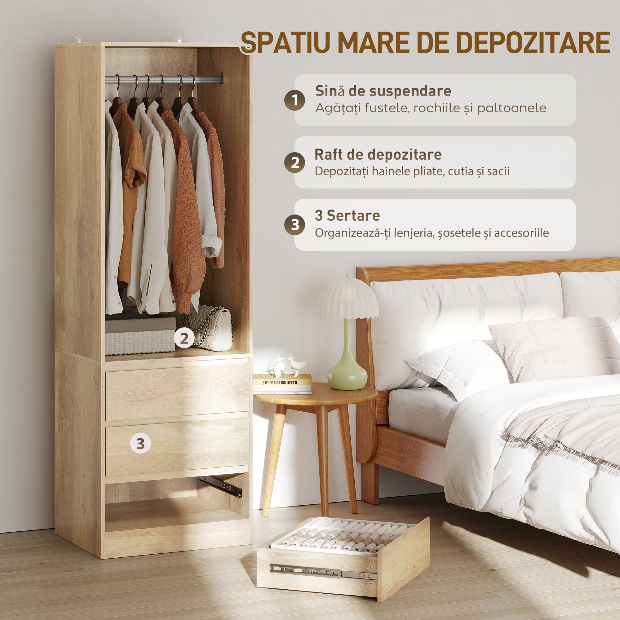  Dulap Garderoba cu Bara pentru Umerase, Raft Deschis si 3 Sertare, din Lemn, 60x48,5x185 cm, culoare Teak [3]