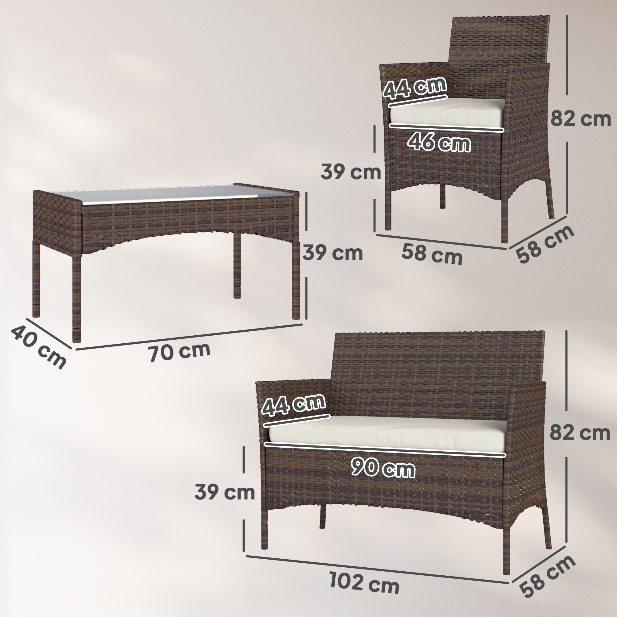  Set Mobilier de Gradina din 4 Piese cu Canapea, 2 Fotolii si Masuta de Cafea, 102x58x82 cm, Maro [2]