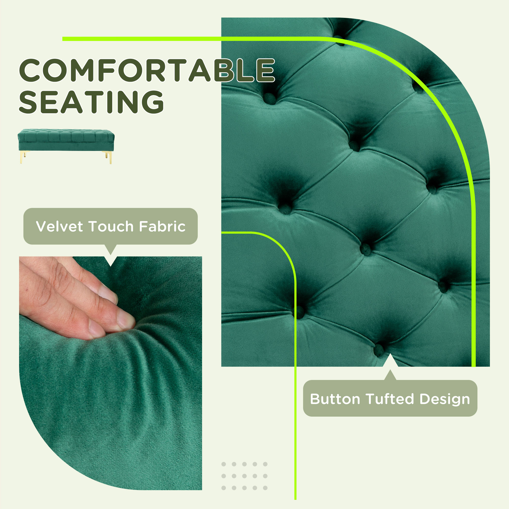  Bancheta pentru Capat de Pat Tapitata cu Material Textil Matlasat cu Efect de Catifea, 118x45x42 cm, Verde inchis [4]