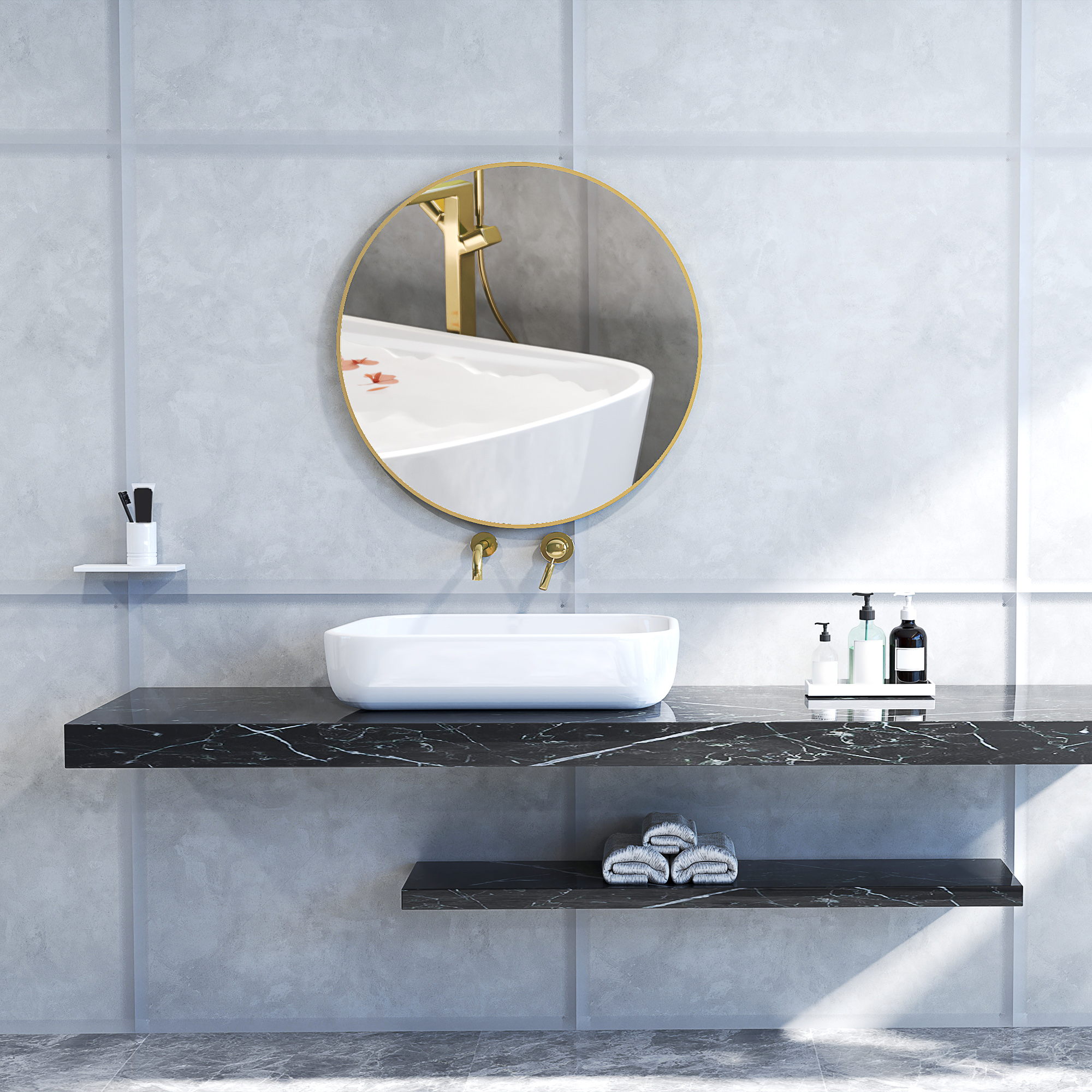  Oglinda Rotunda pentru Baie, din Sticla si Otel, Ø70x2.5 cm, culoare Auriu [7]