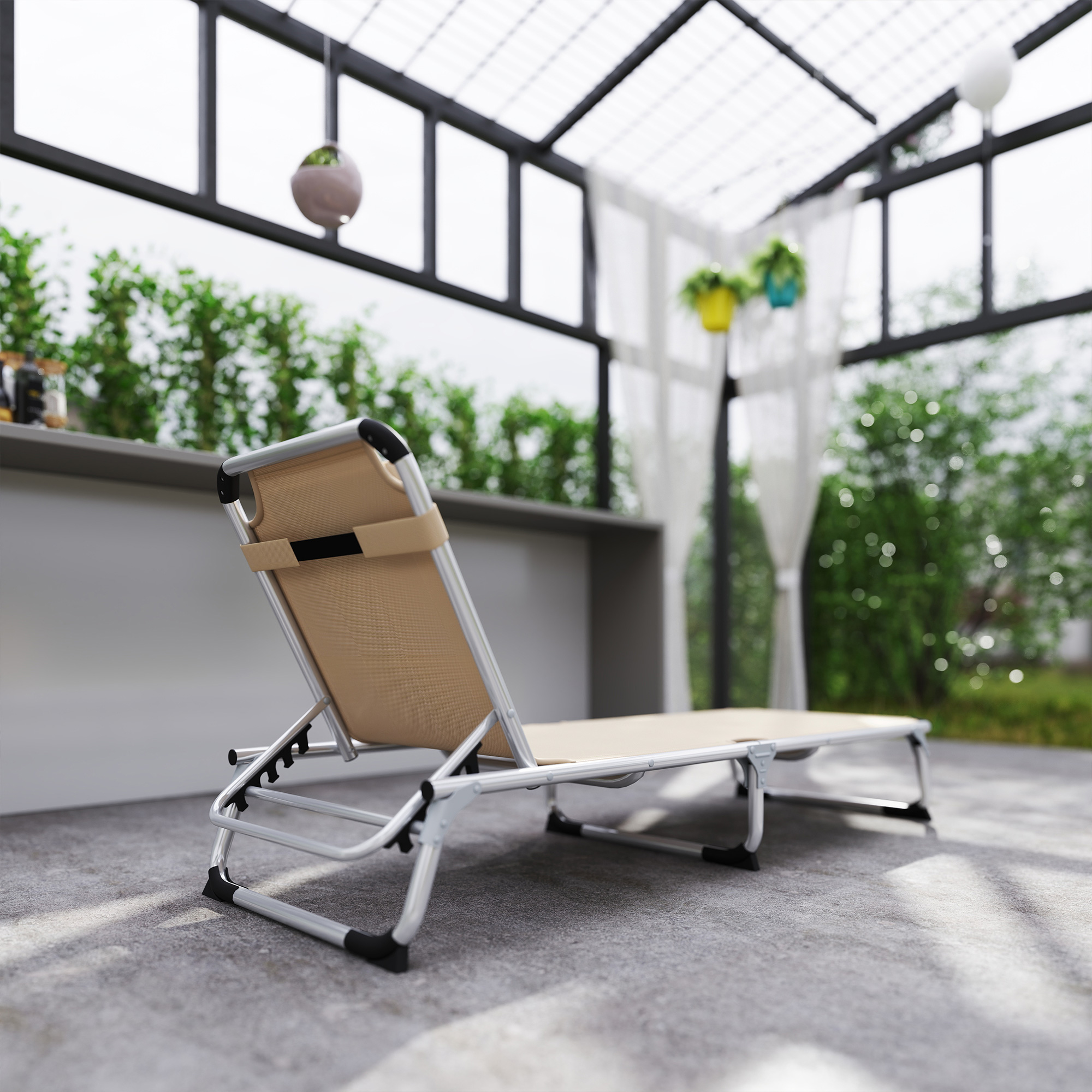 sezlong de plaja, Pliabil cu suport pentru cap, spatar reglabil, aluminiu si textilene, bej [8]