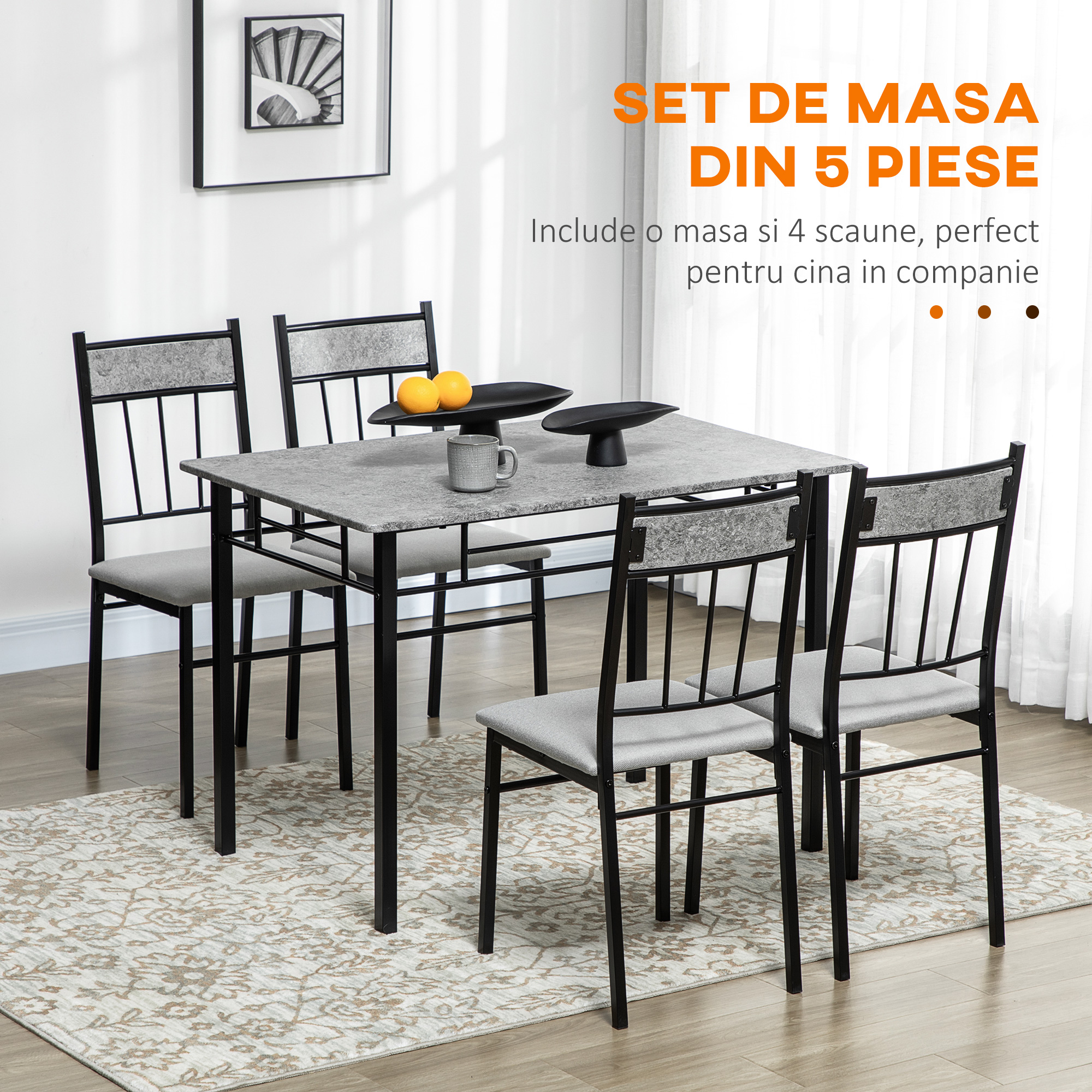  Set masa si scaune 5 buc, masa dreptunghiulara din metal si MDF si 4 scaune de sufragerie cu scaun tapitat cu spuma si poliester [3]