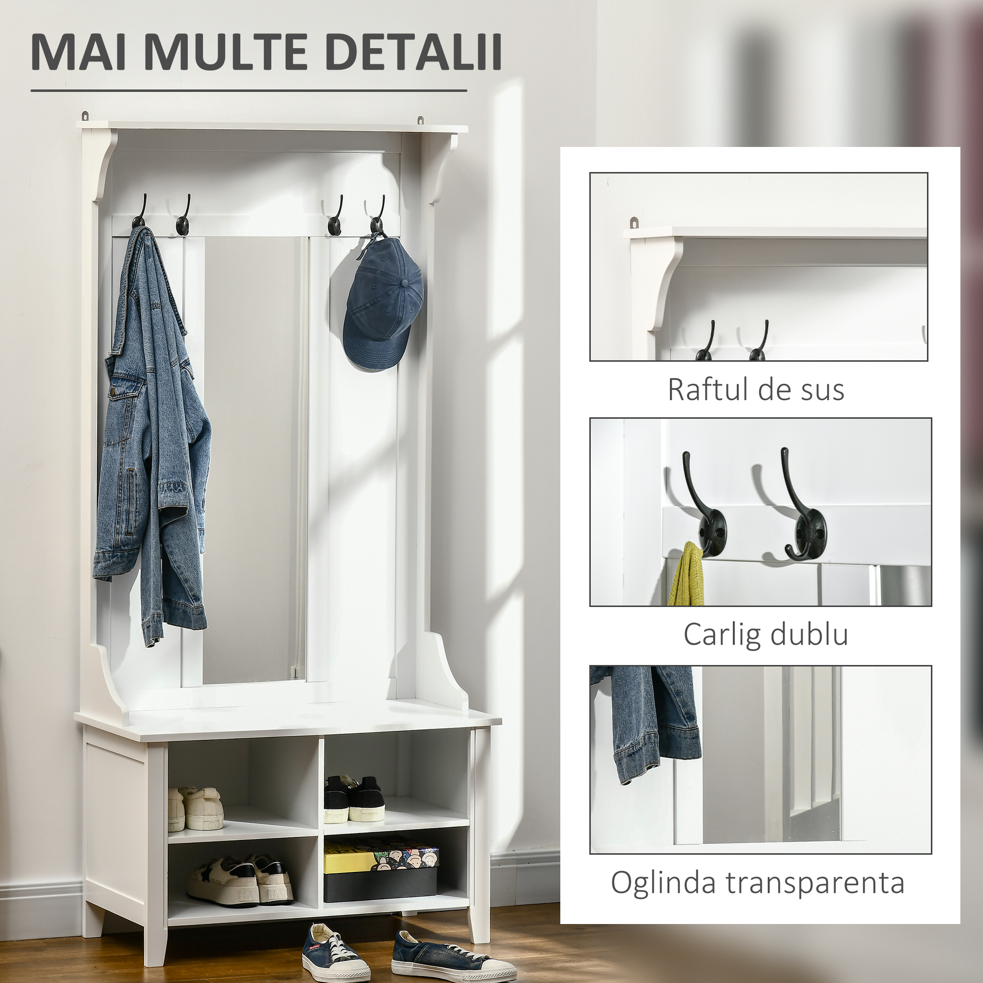  mobilier hol, cuier si oglinda, 80x40x170cm, alb [5]