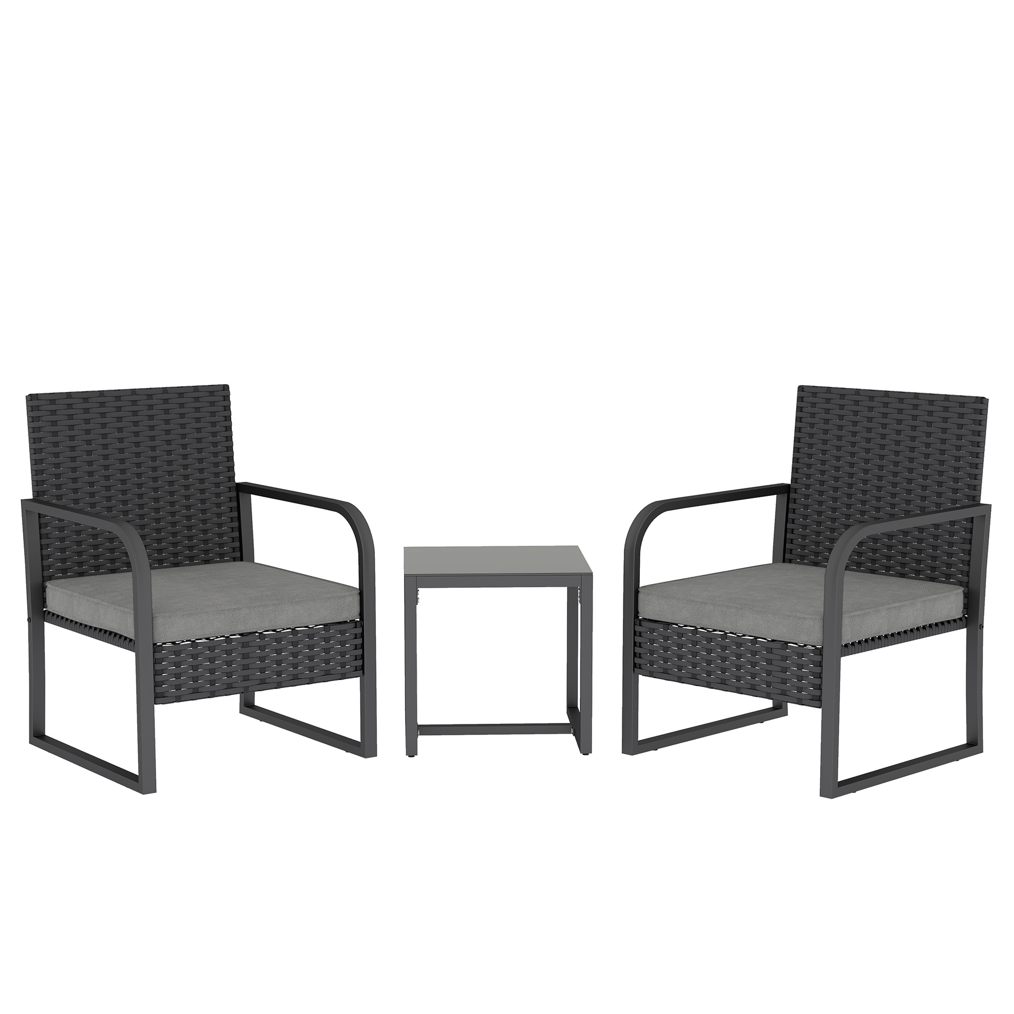 Gradina & balcon -  Set de Gradina 3 Piese din Rattan PE si Otel, Set cu 2 Fotolii si Perne Lavabile, Masa de Cafea cu Blat din Sticla, Mobilier de Balcon pentru Terasa sau Curte, Gri inchis si Negru
