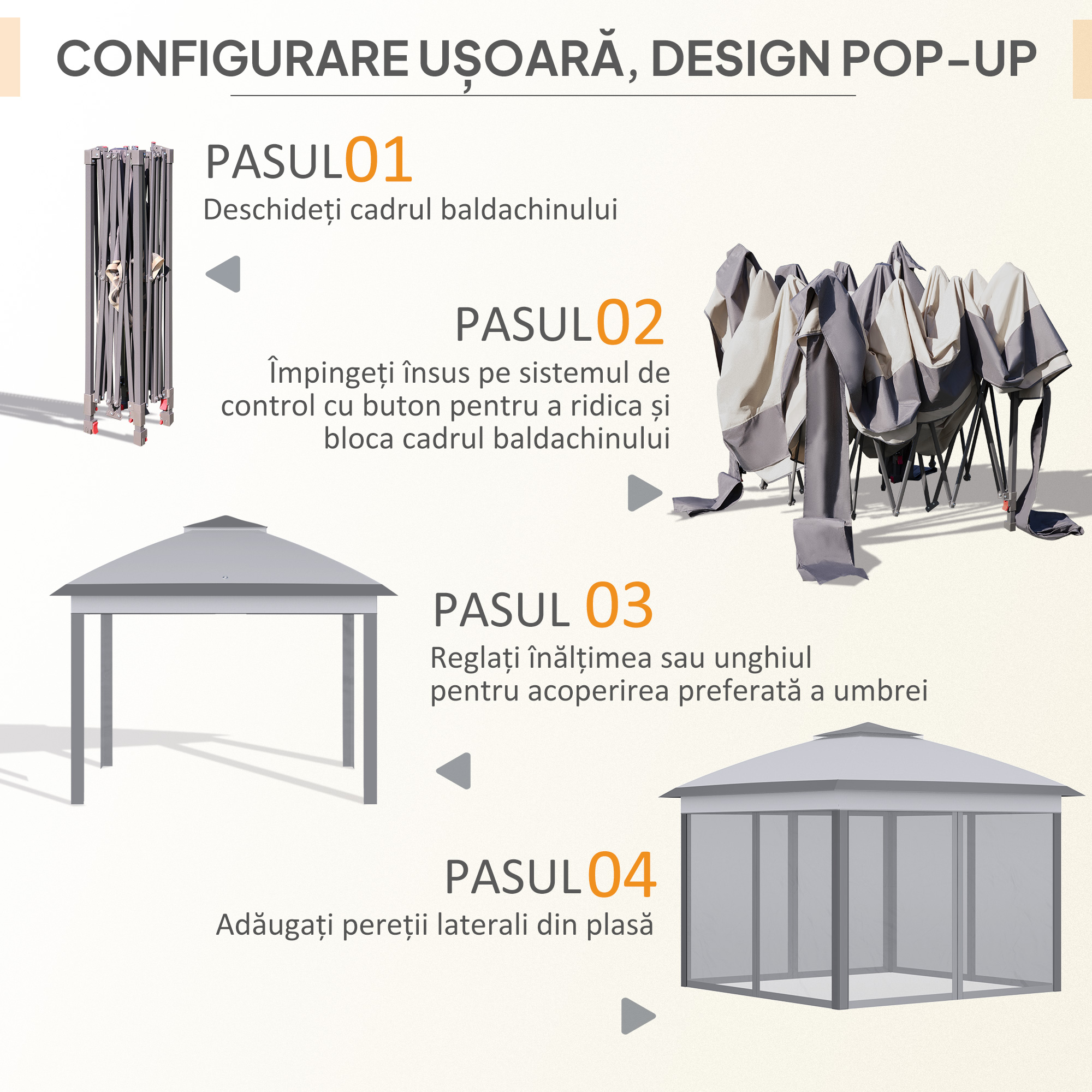  Foisor Pliabil cu Plasa de tantari, Baldachin Dublu, inaltime Reglabila si Geanta, 330x330x288 cm, Bej [4]