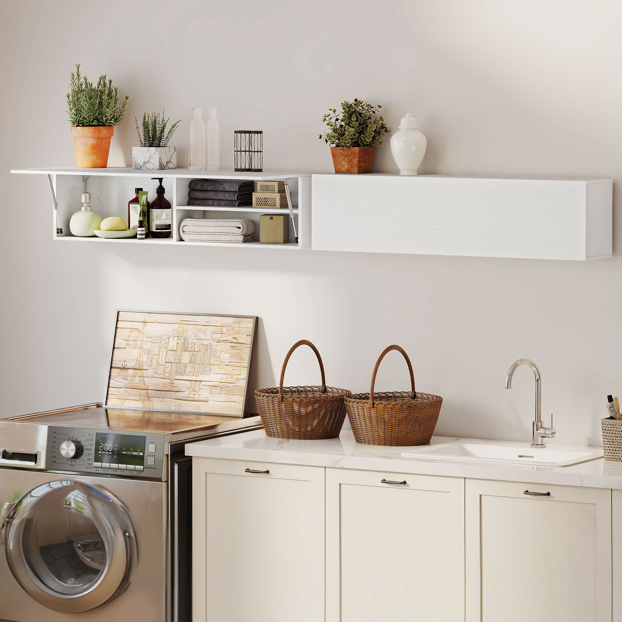  Dulap de Baie Montat pe Perete, Dulap Suspendat Modern cu Usa Soft Close, 2 Compartimente si Raft Reglabil, Economisire Spatiu, 120x23x30 cm, Alb [7]