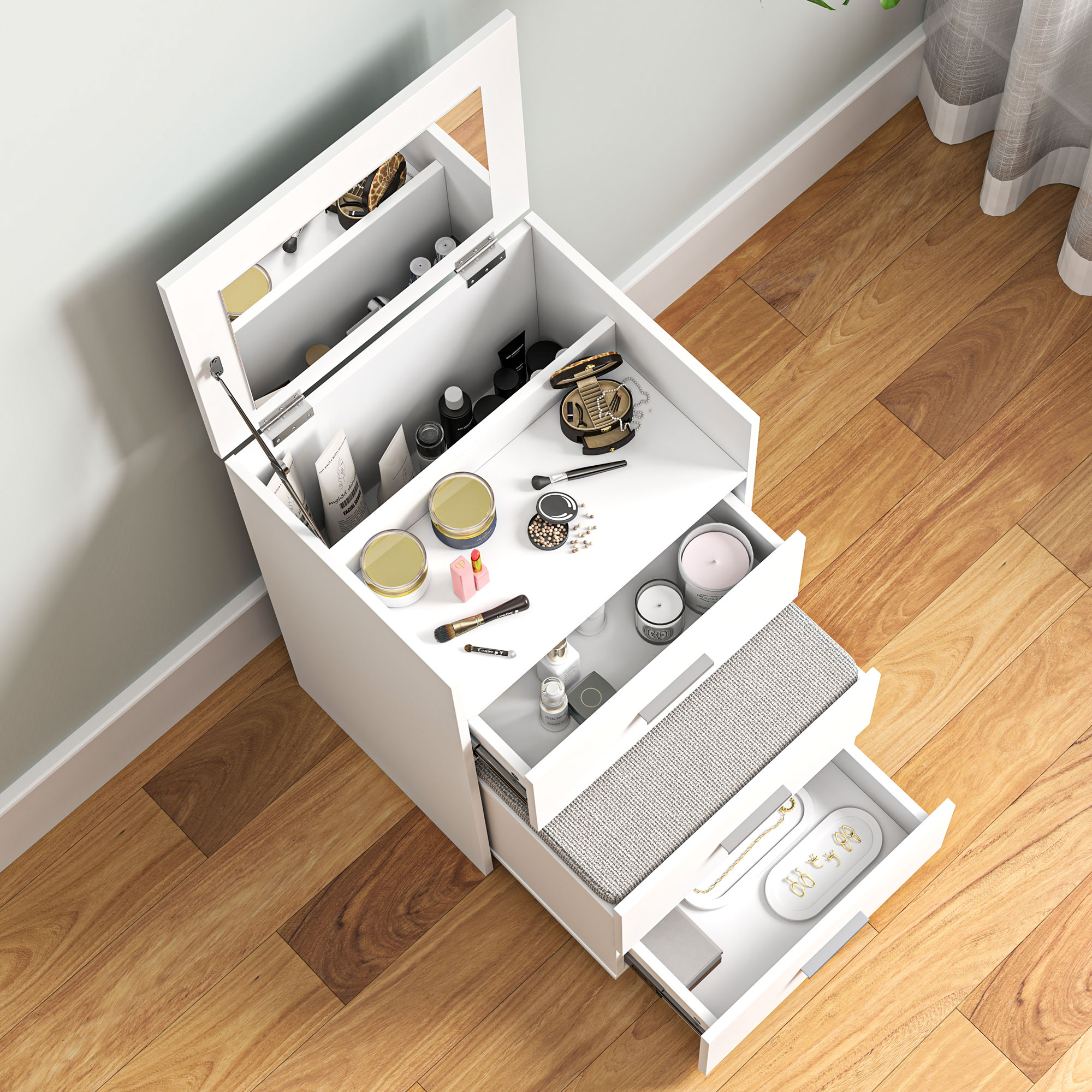  Masa de Machiaj din Lemn cu Oglinda Rabatabila, 2 Sertare si Taburet, 50x40x113,5 cm, Alb [7]