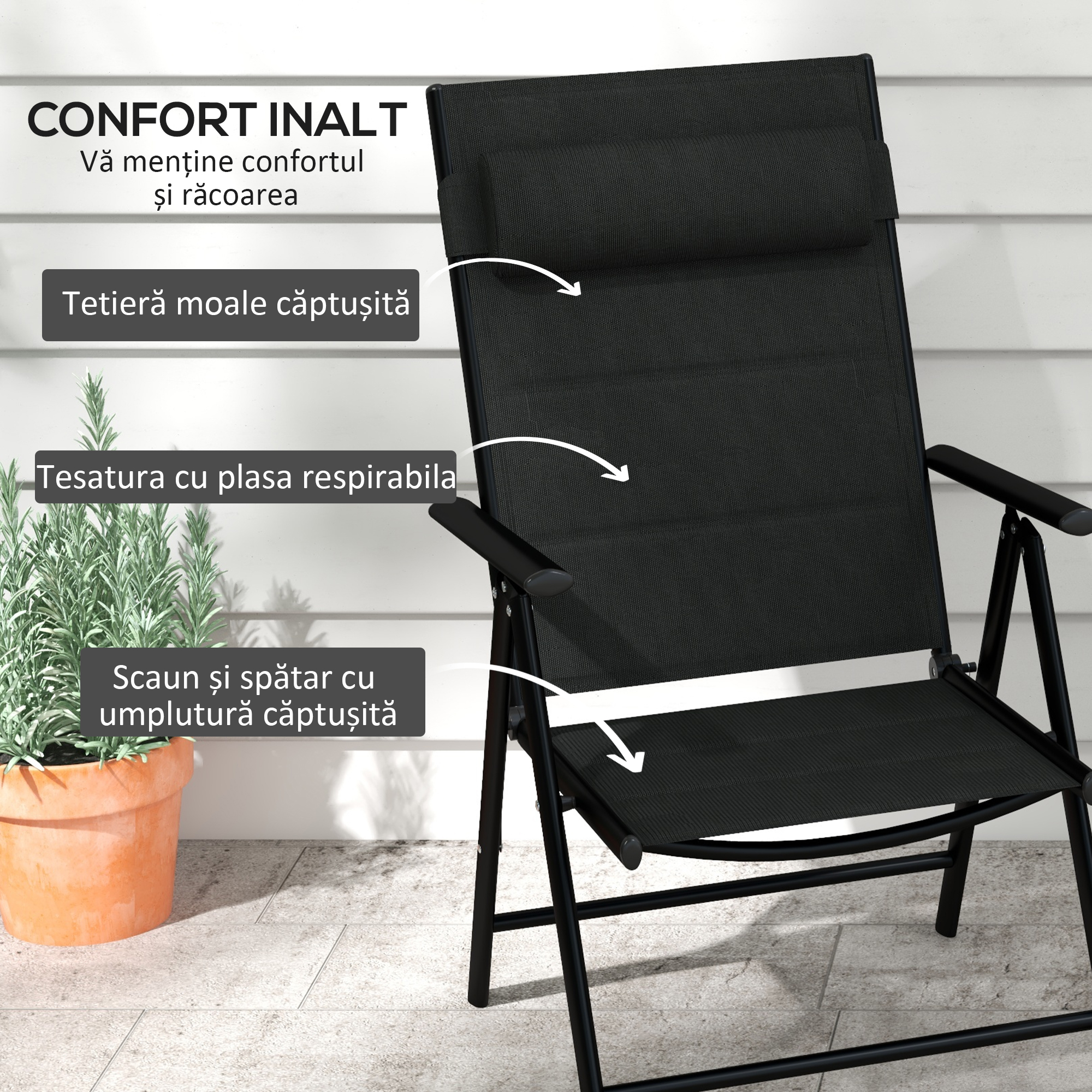  Set de 2 scaune pliabile rabatabile pentru terasa, Negru [3]