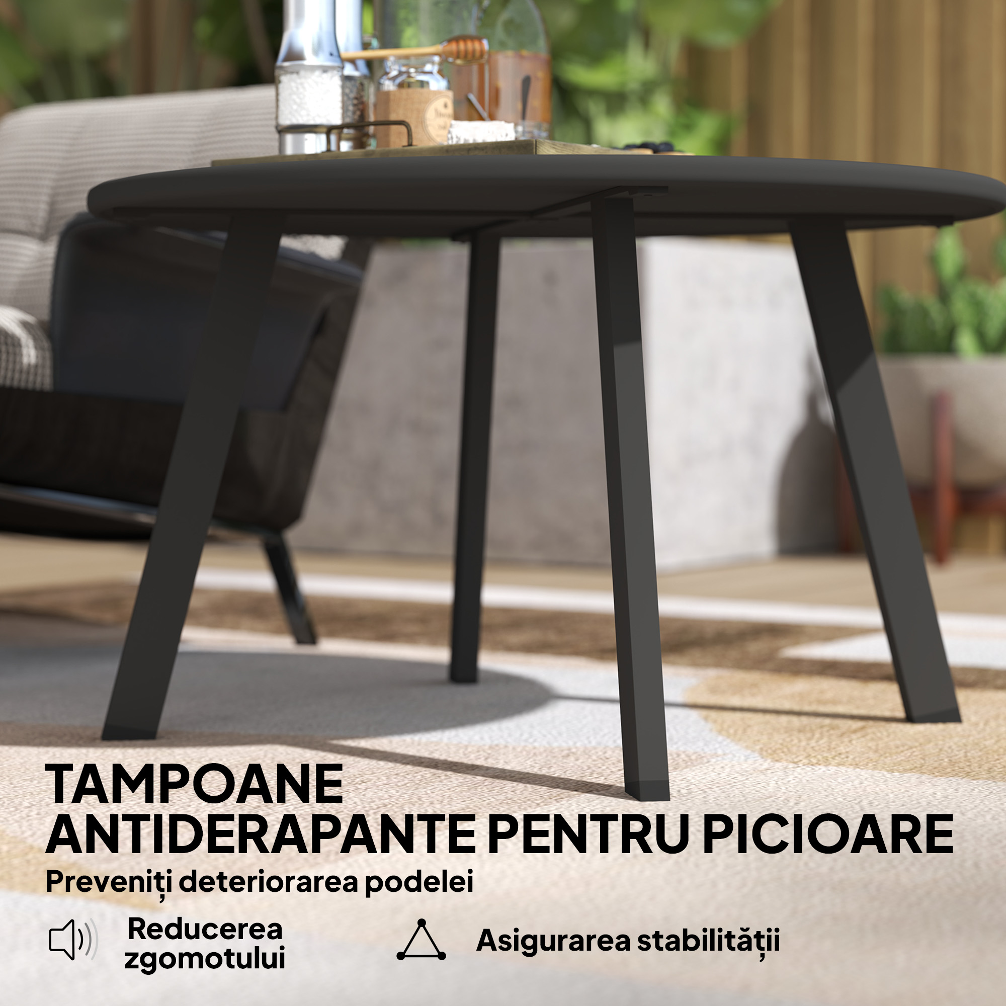  Masuta de Gradina Rotunda in Stil Industrial cu Picioare Antiderapante, Ø70x42 cm, Negru [5]