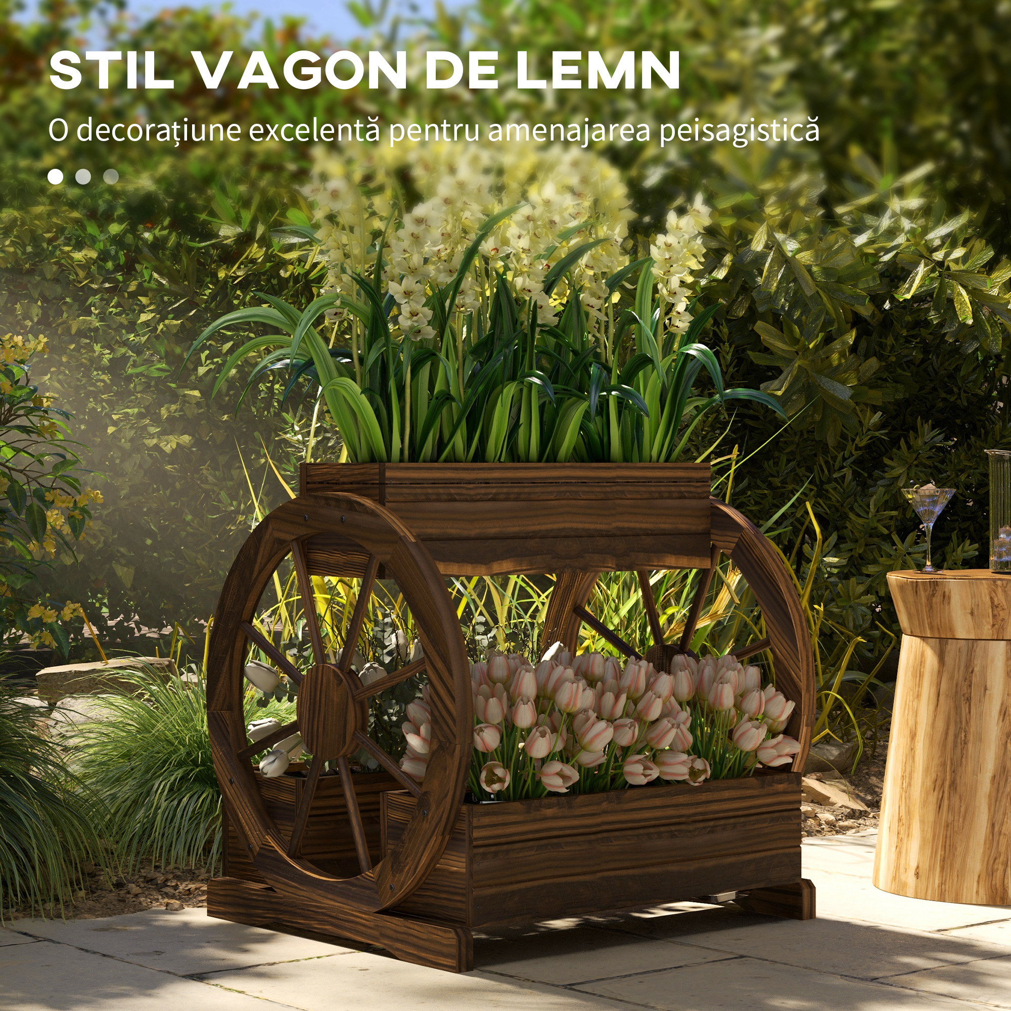  Jardiniera in Lemn pentru Exterior pe 2 Nivele cu 3 Ghivece si Roti de Caruta in Stil Rustic, 64x54x60 cm [3]