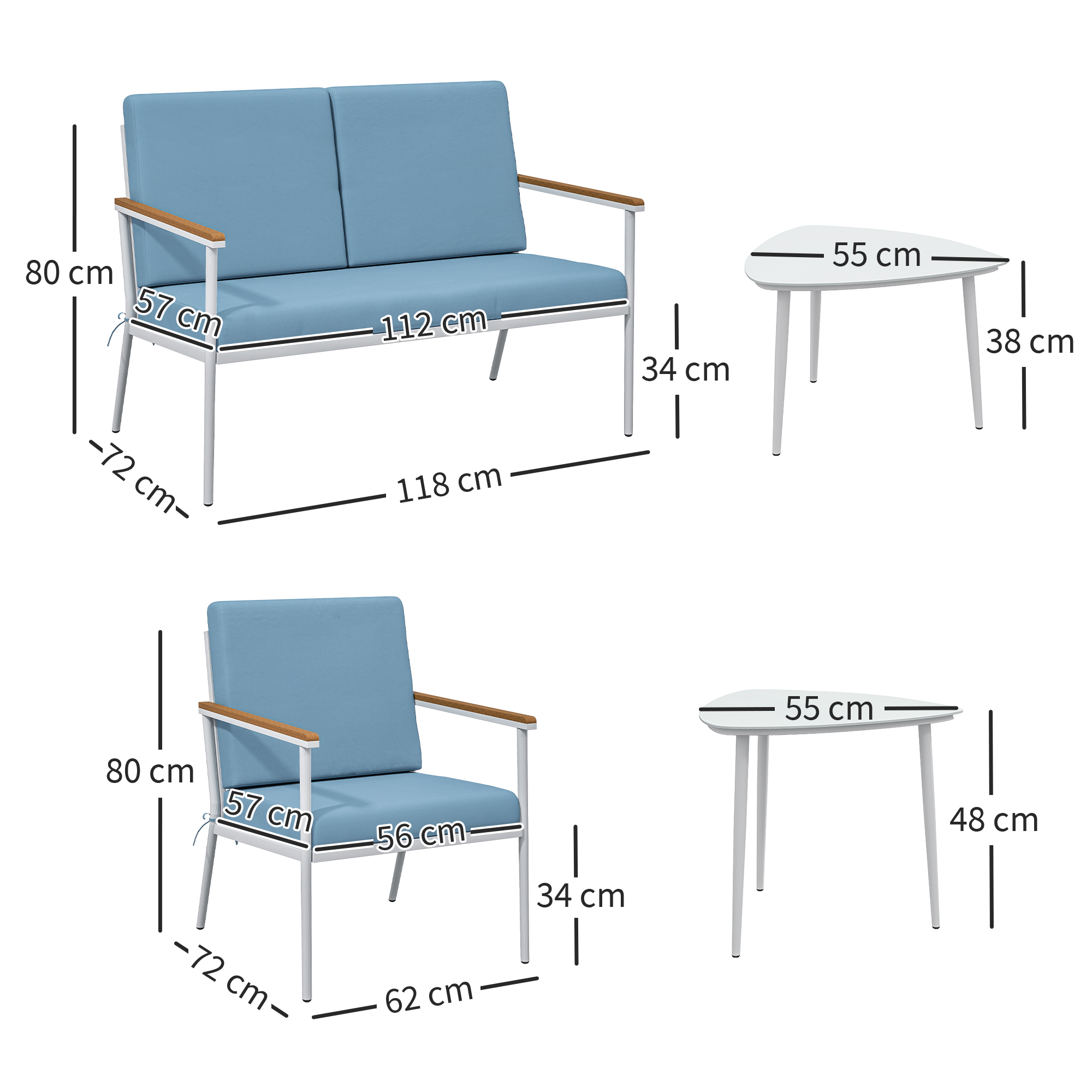  Set de Exterior cu Canapea de 2 Locuri, 2 Fotolii si 2 Masute de Cafea cu Blat din Sticla, Albastru [2]