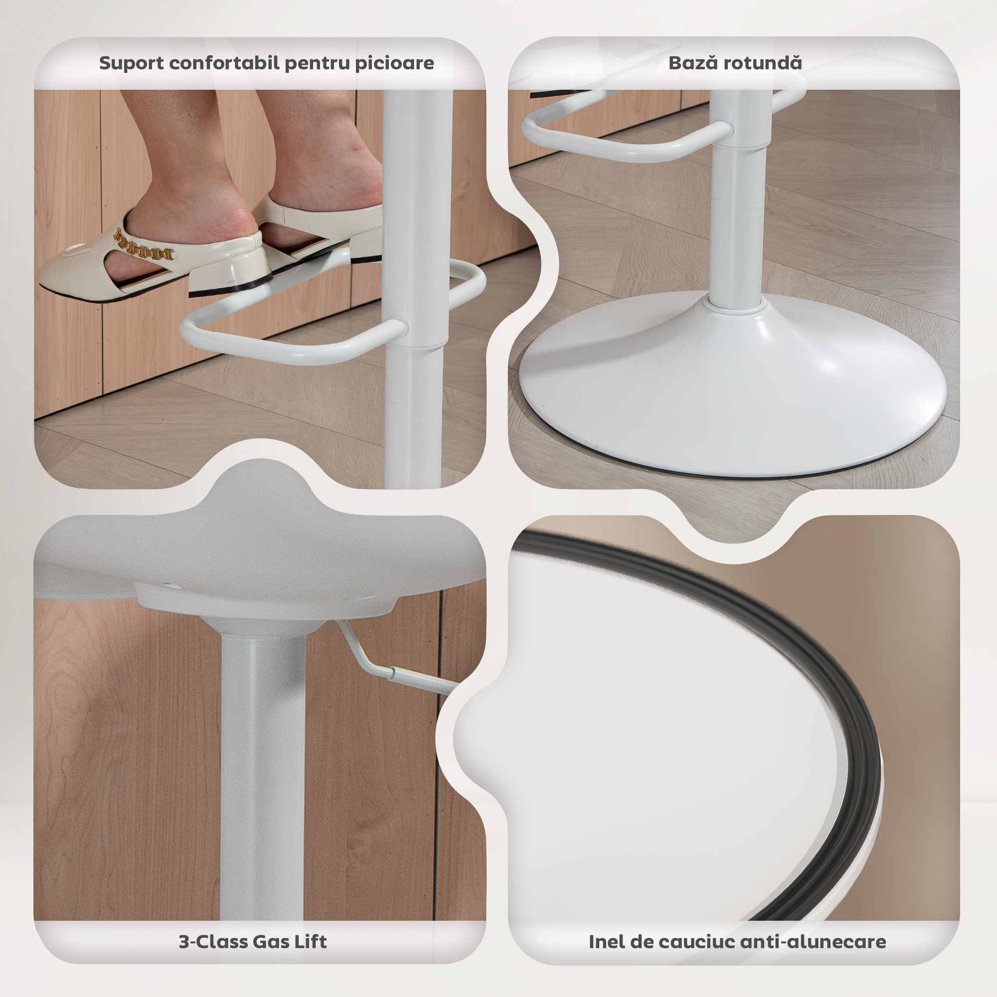  Set de 2 Scaune de Bar Rotative cu Spatar si inaltime Reglabila Alb [6]