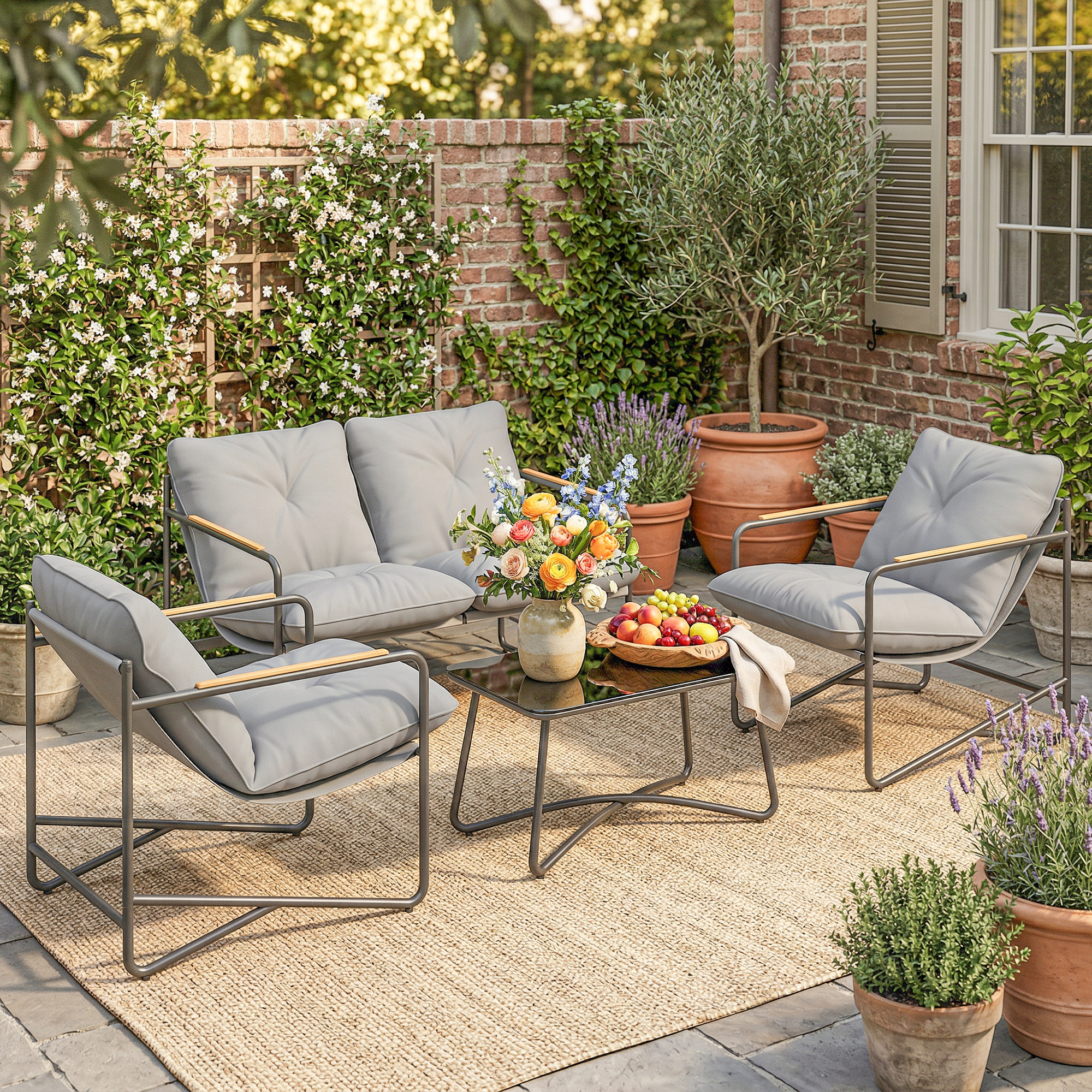 Set de Gradina  cu Canapea, 2 Fotolii si Masuta cu Blat din Sticla, Mobilier de Exterior cu Perne Groase, Gri Deschis [1]