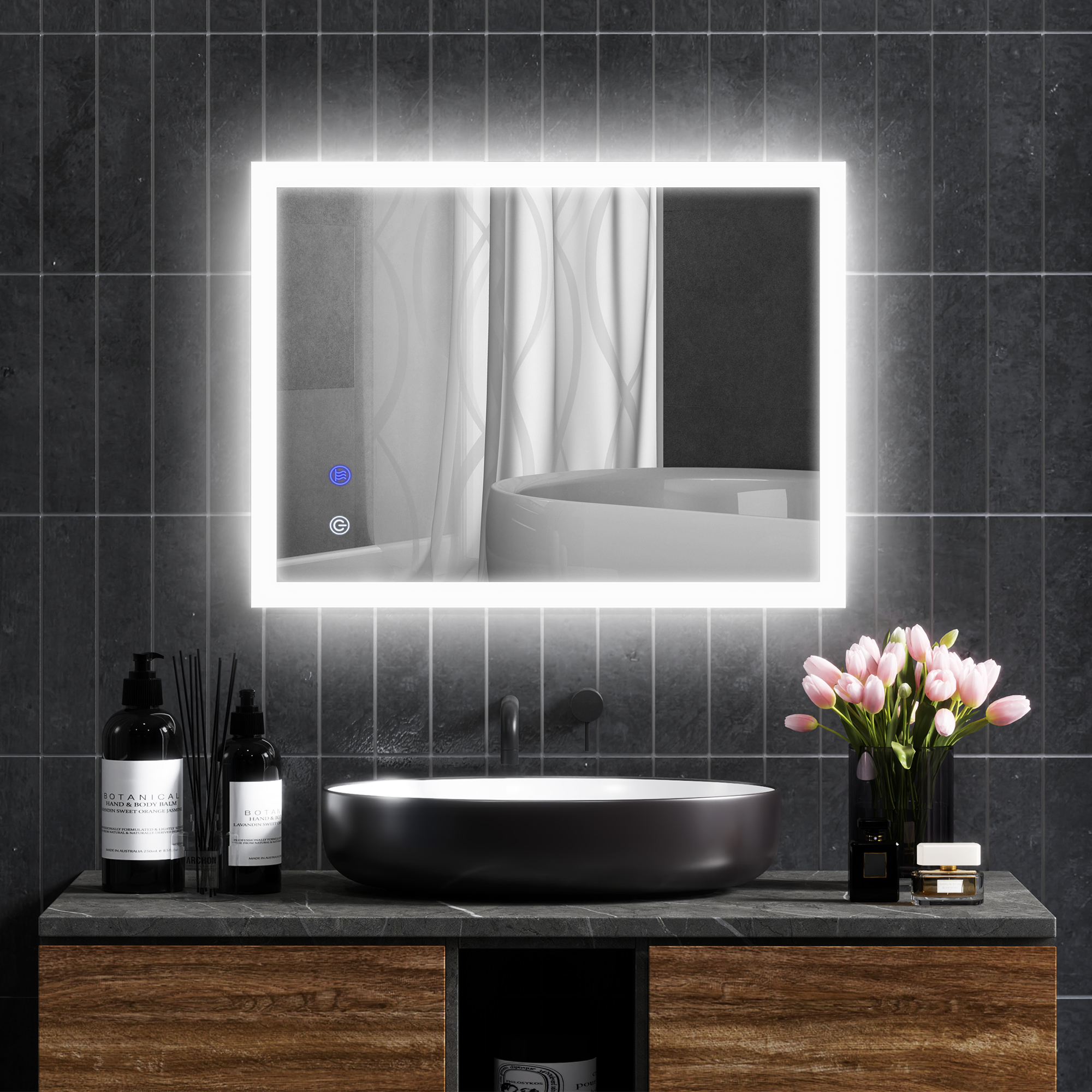  Oglinda de Baie Iluminata 800 x 600 mm cu Iluminare din Spate cu Lumini LED, Oglinda de Baie de Perete cu 3 Lumini, Intrerupator Tactil Reglabil, Folie de Dezaburire, Orizontala/Verticala [1]