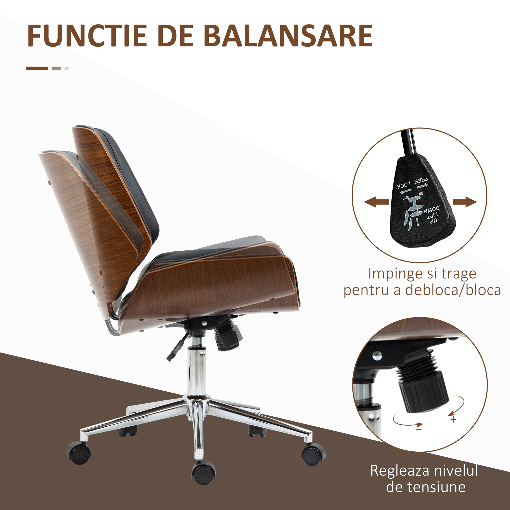  Scaun de Birou Vintage Tapitat, din Piele Ecologica, Lemn si Otel, 53x60x86-96 cm, Negru si Maro inchis [4]