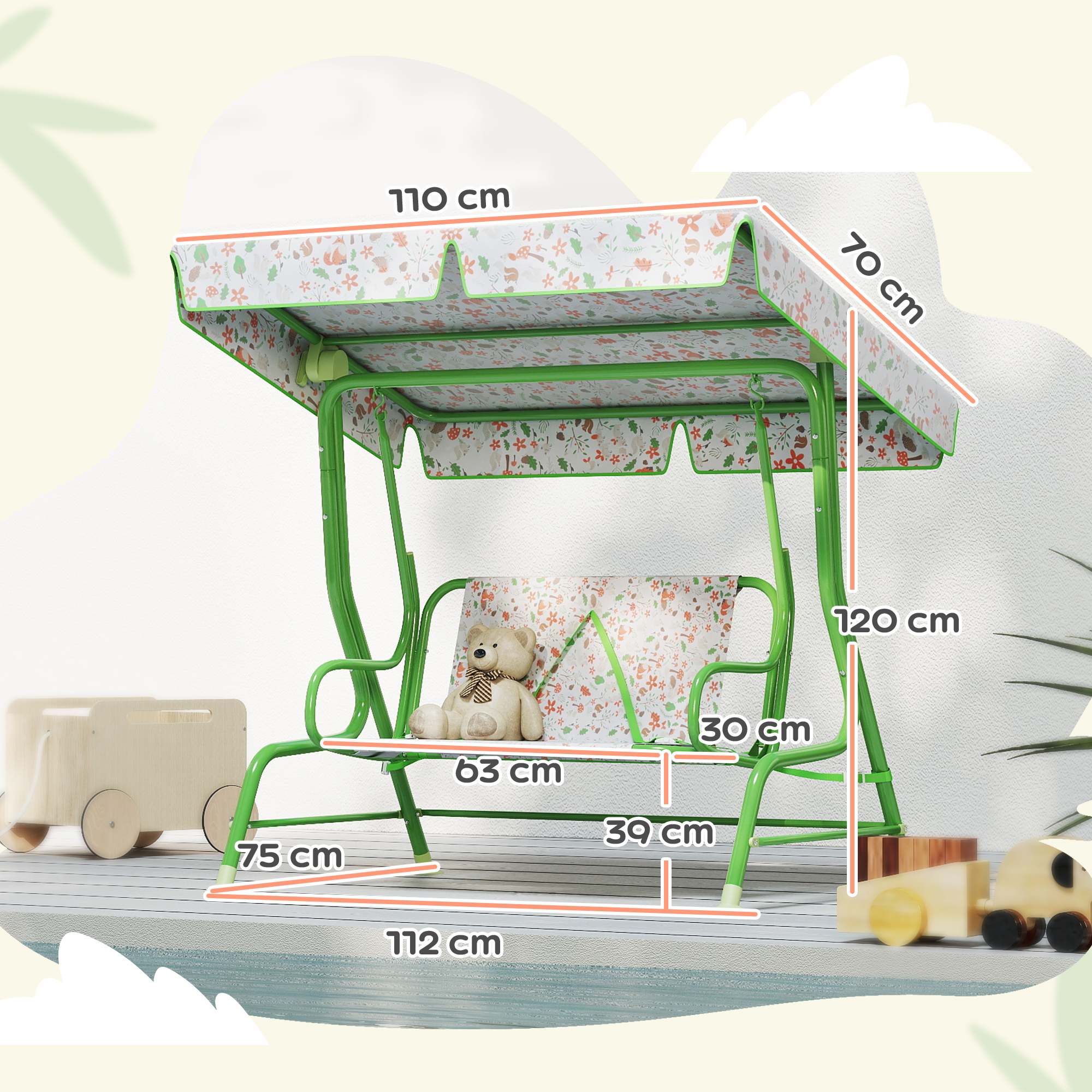  Balansoar pentru Copii de Exterior cu 2 Locuri cu Copertina Reglabila si Centuri de Siguranta, 112x75x120 cm, Verde [2]