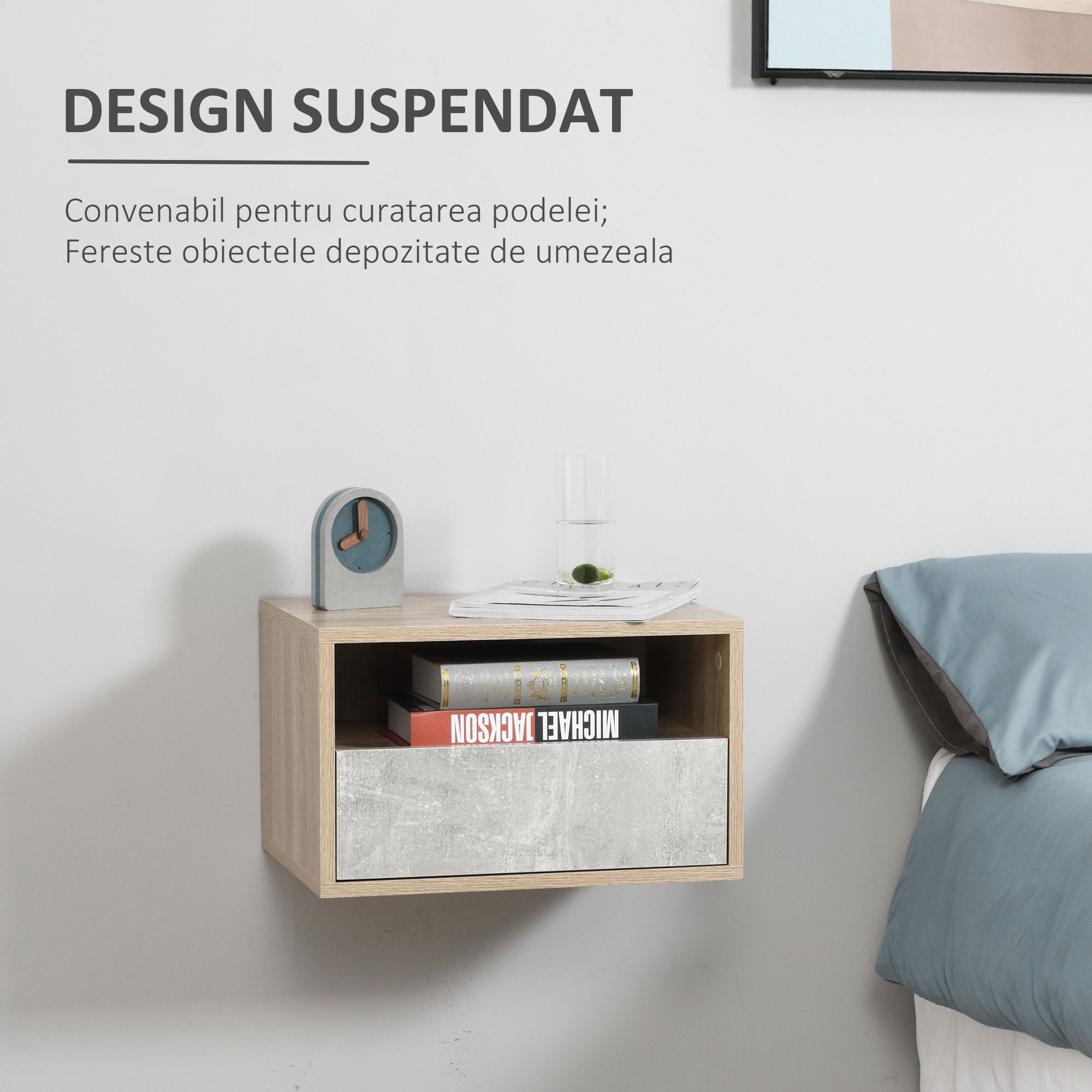  Set de 2 Noptiere Suspendate cu Sertar si Etajera 45x35x27.5cm - Gri/Culoare Lemn [3]