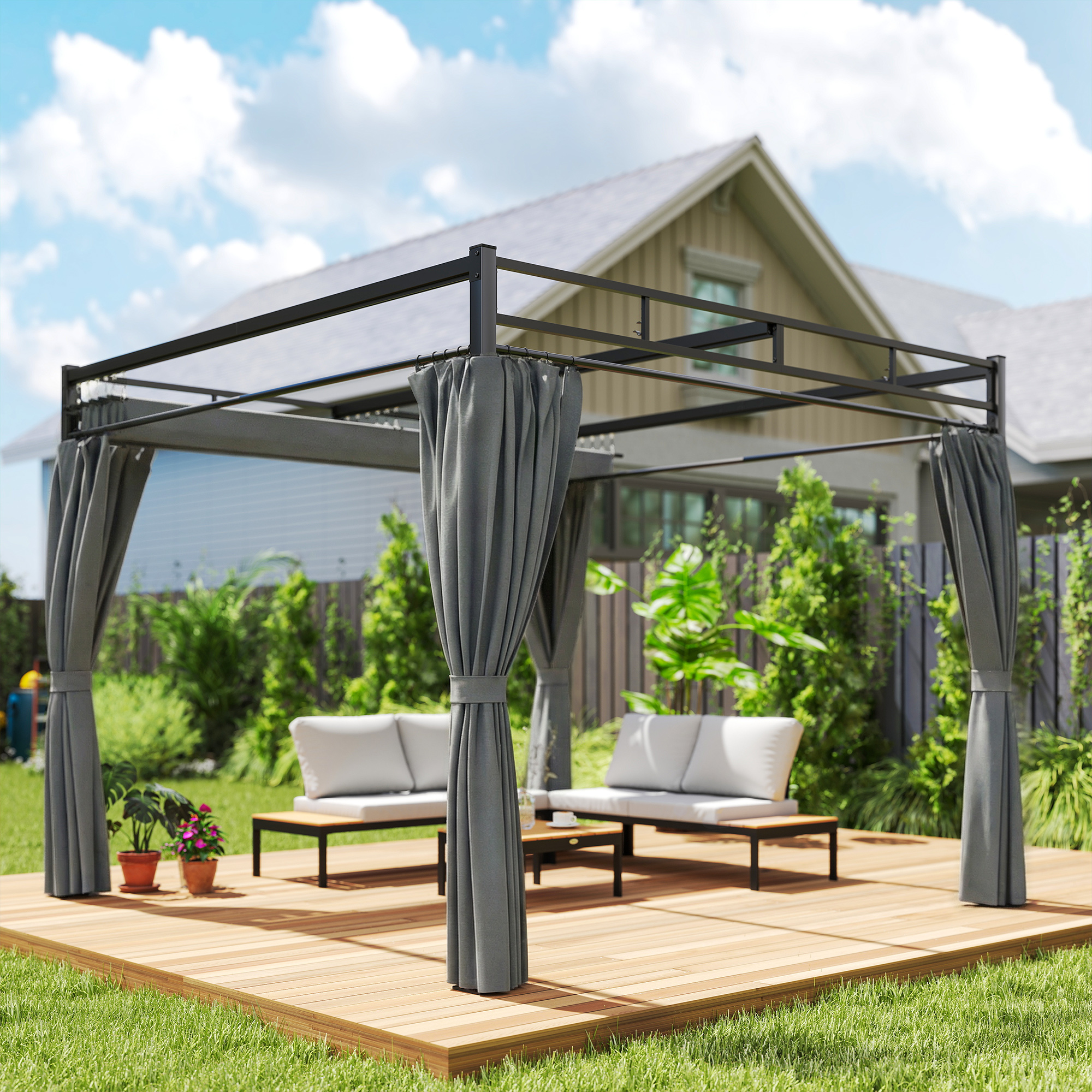  Pergola Gazebo 3x3 m cu Acoperis Retractabil, 4 Pereti Laterali, Orificii de Drenare, Pergola din Poliester si Otel pentru Gradina, Terasa, Exterior, UV30+, Gri inchis [7]