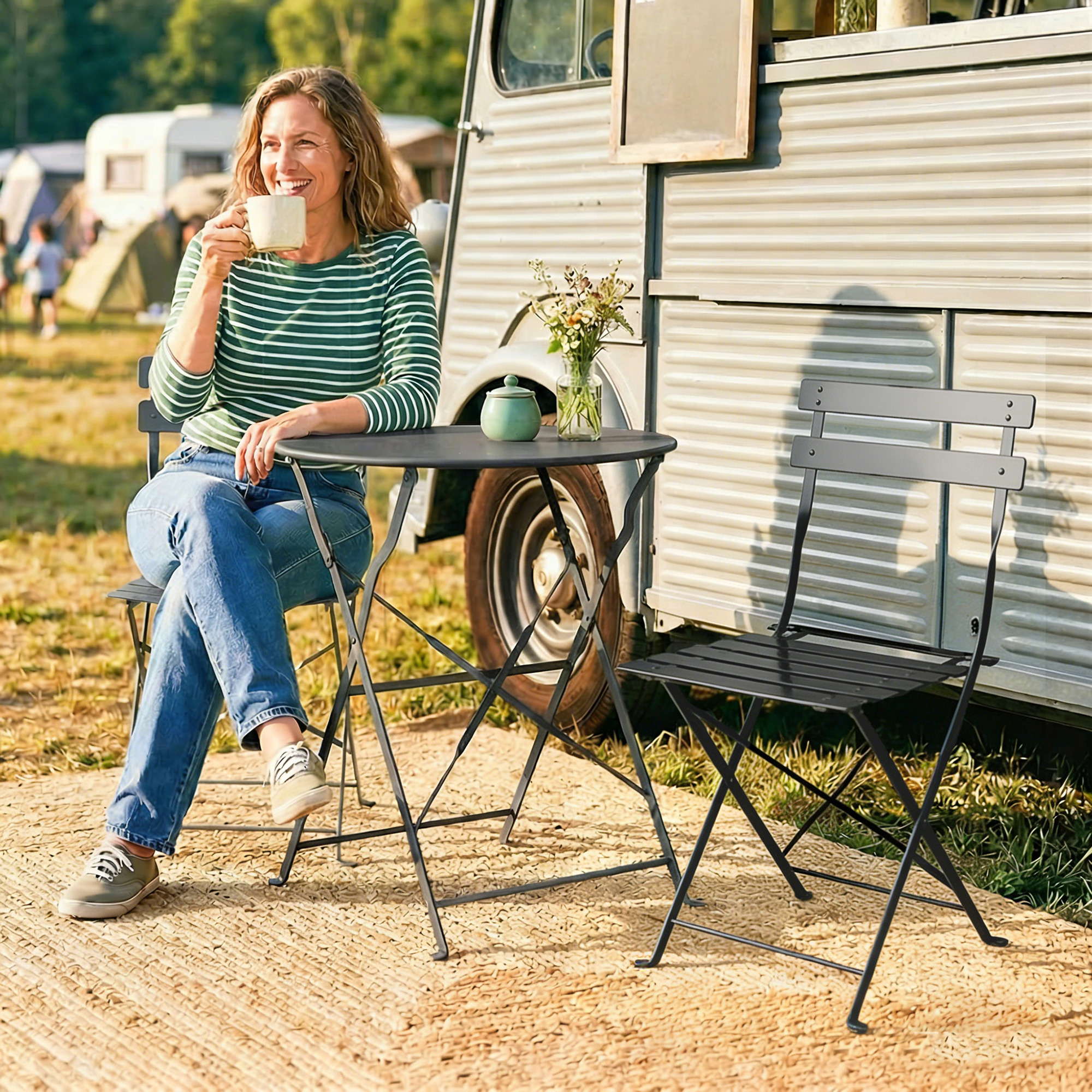  Set Bistro Exterior, Mobilier Pliabil cu Masa si 2 Scaune, Negru [8]