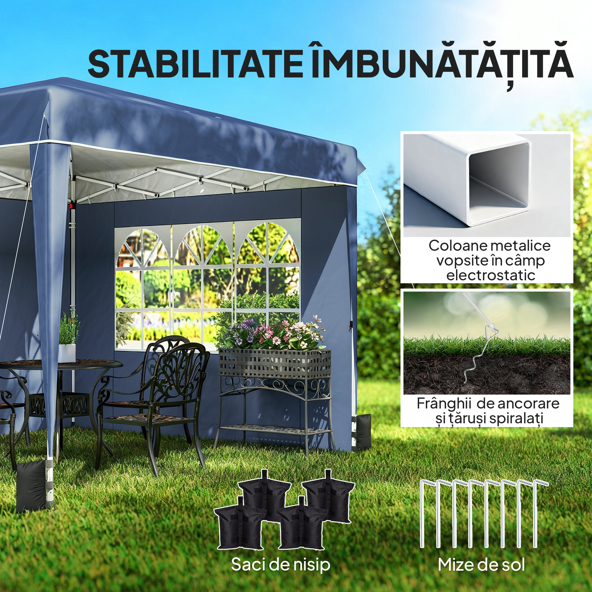  Foisor 3x3 m Pliabil Pop Up cu inaltime Reglabila, Foisor de Gradina cu Pereti Laterali, Saci de Nisip, Geanta de Transport, UV50+, pentru Exterior, Camping, Petreceri, Albastru inchis [5]