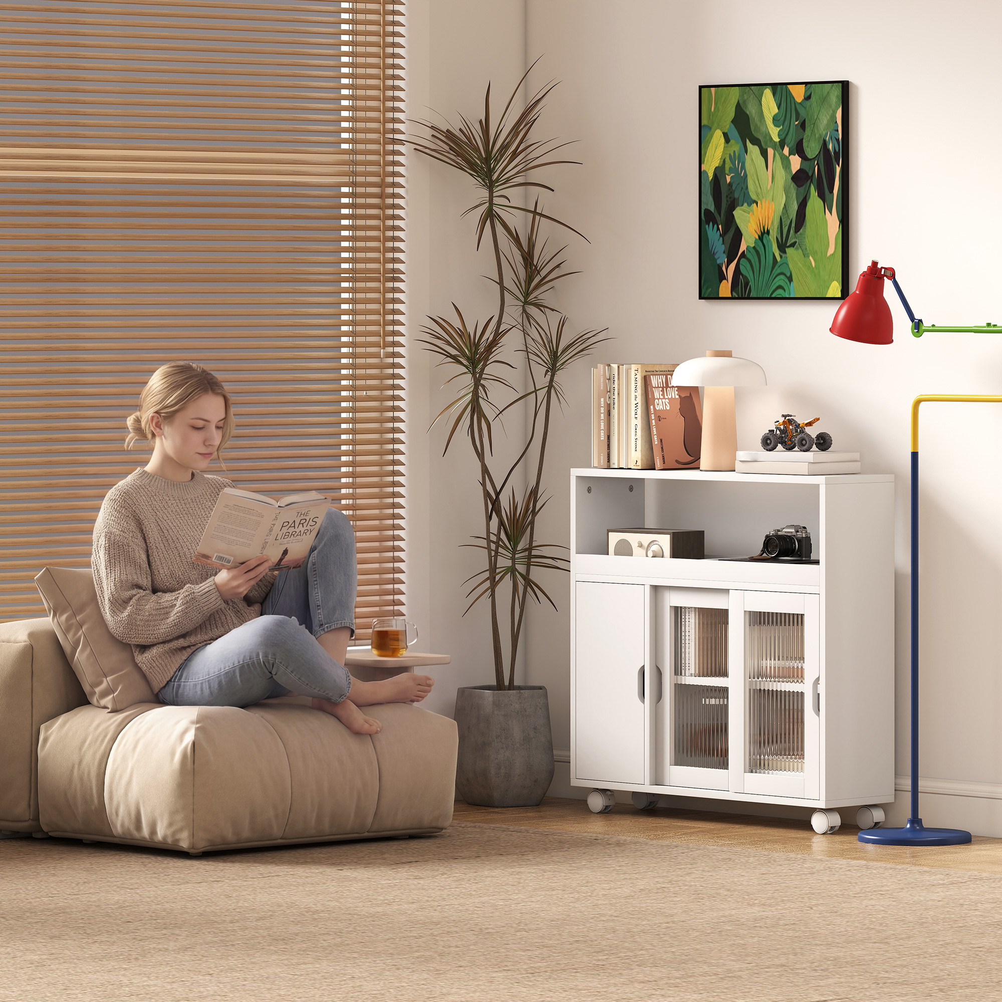  Dulap pentru Baie pe Rotile din Lemn cu Spatiu Deschis, Rafturi Reglabile si Usi din Sticla, 71x20x70 cm, Alb [8]