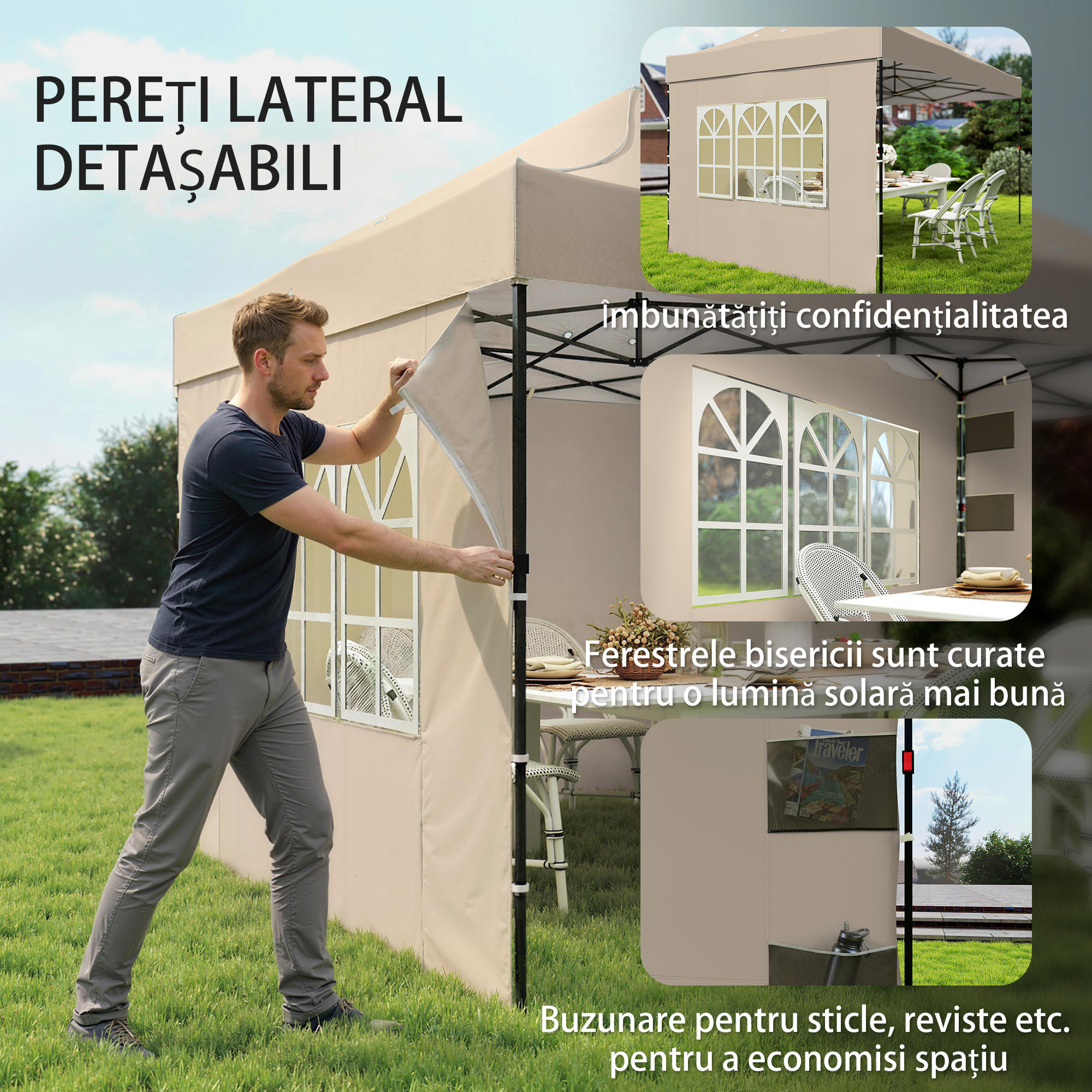  Gazebo Pop Up pliabil cu pereti laterali si ferestre, 2.9x4.3 m, din metal si tesatura Oxford, maro nisipiu [5]