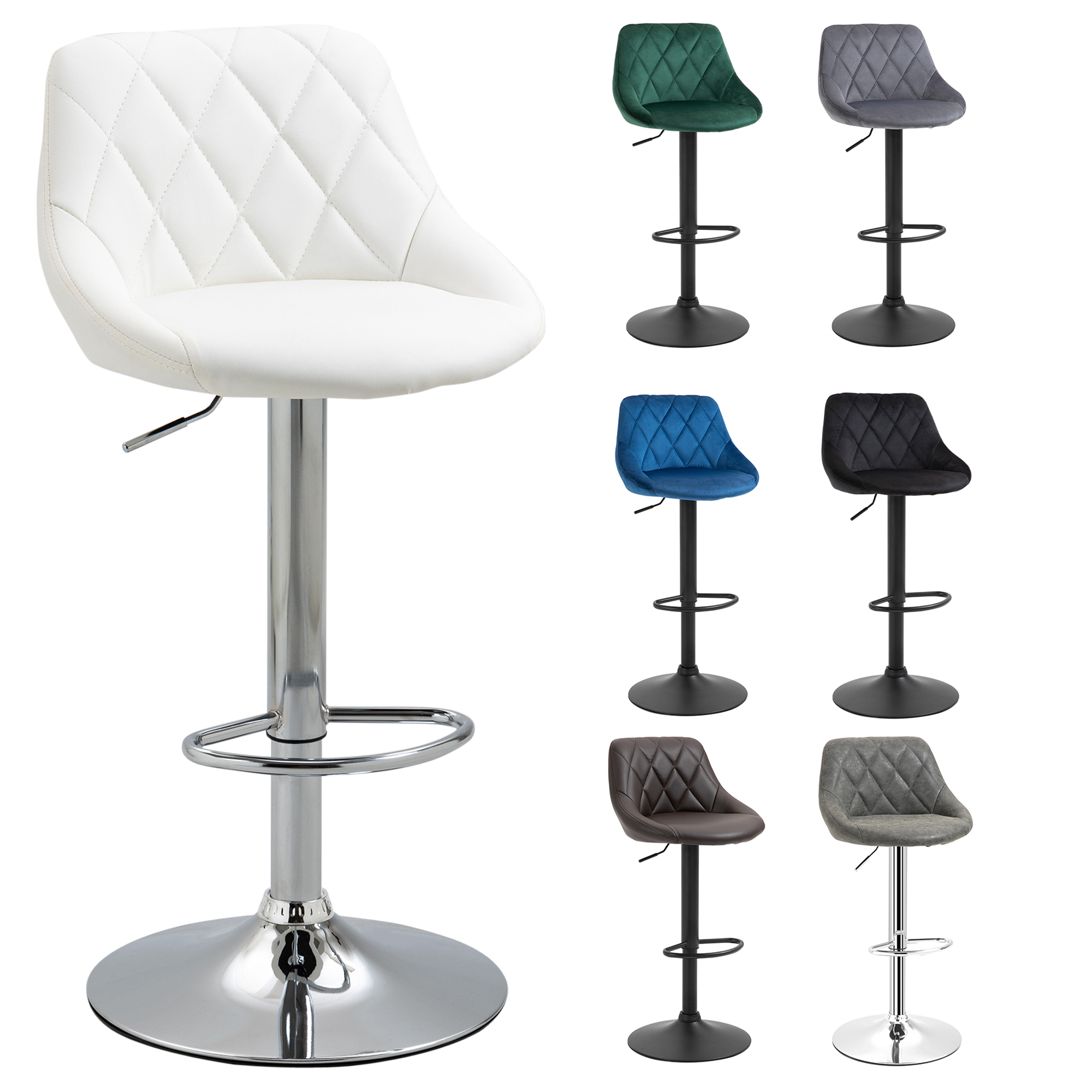  Set 2 Scaune de Bar Pivotante si Reglabile pentru bucatarii si baruri, din Piele Ecologica, cu Cusaturi Diamant, 51.5x48x83-104cm, Alba [6]