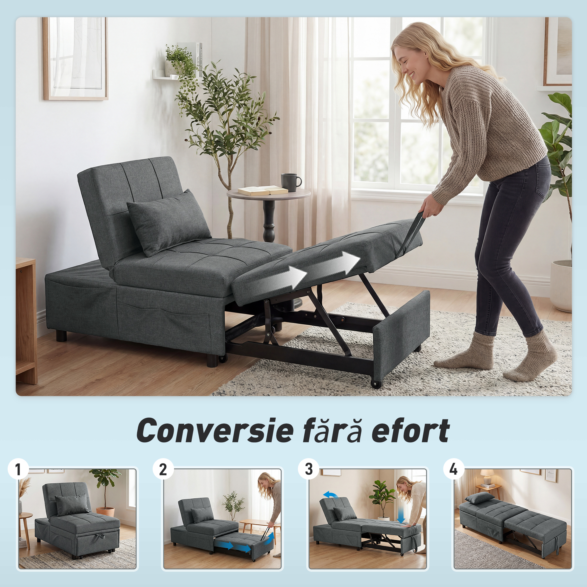  Fotoliu Pat de O Persoana Fotoliu Rabatabil 4-in-1, Gri [3]