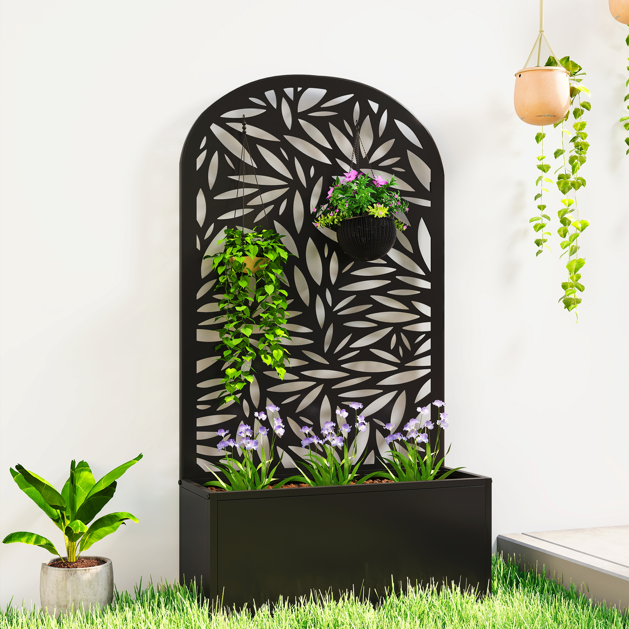  Jardiniera Elevata de Exterior, Jardiniera cu Suport Decorativ Arcuat cu Motive de Frunze pentru Plante Cataratoare din Metal, Montare pe Perete sau Independenta, pentru Plante si Flori, 61x23x113 cm [1]