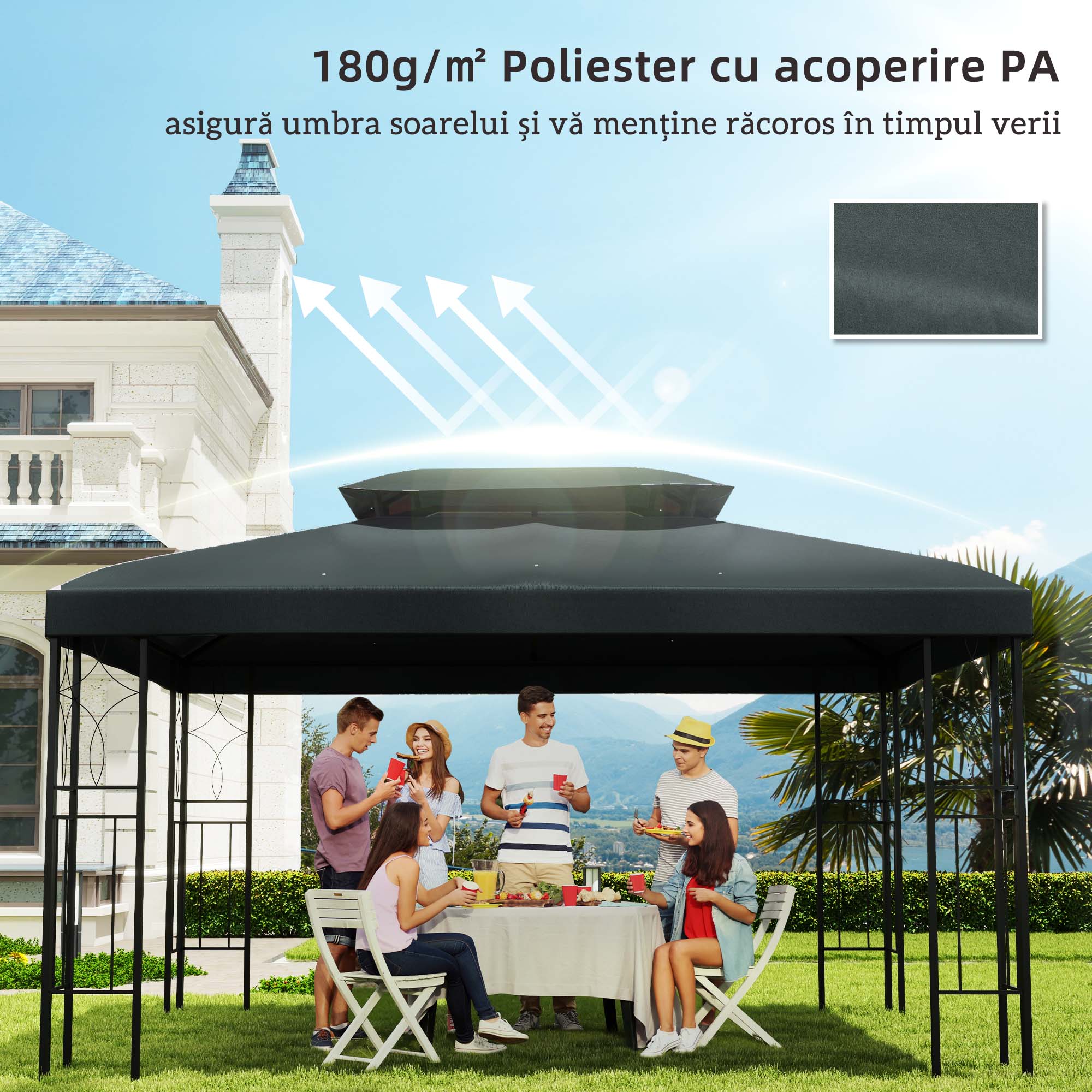  Acoperire pentru Gazebo 4x3 m cu 2 Niveluri din Poliester cu Curele si 10 Orificii de Drenaj, Gri Antracit [5]