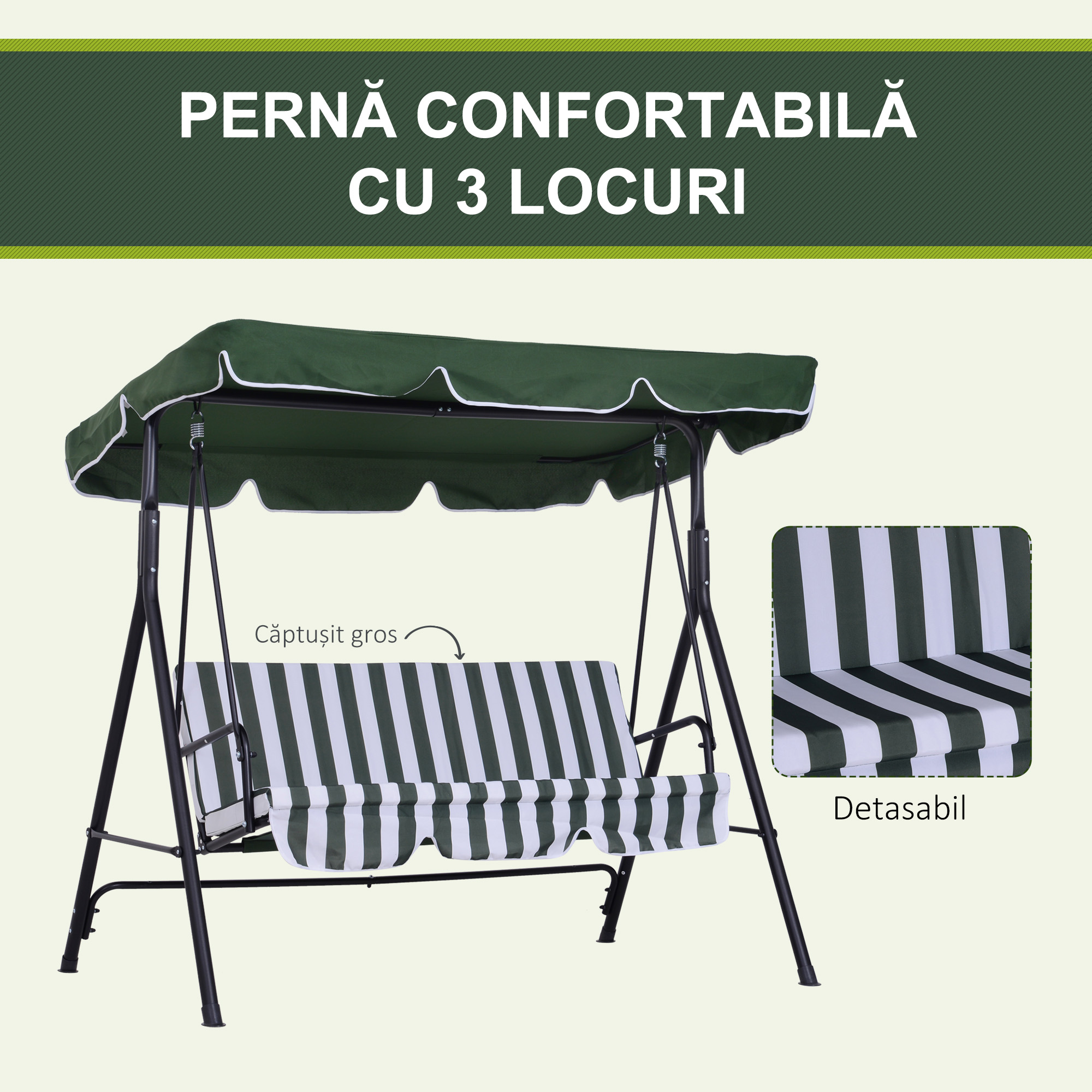  Leagan de Gradina cu 3 Locuri si Parasolar Basculant, 172×110×153 cm, Verde [6]