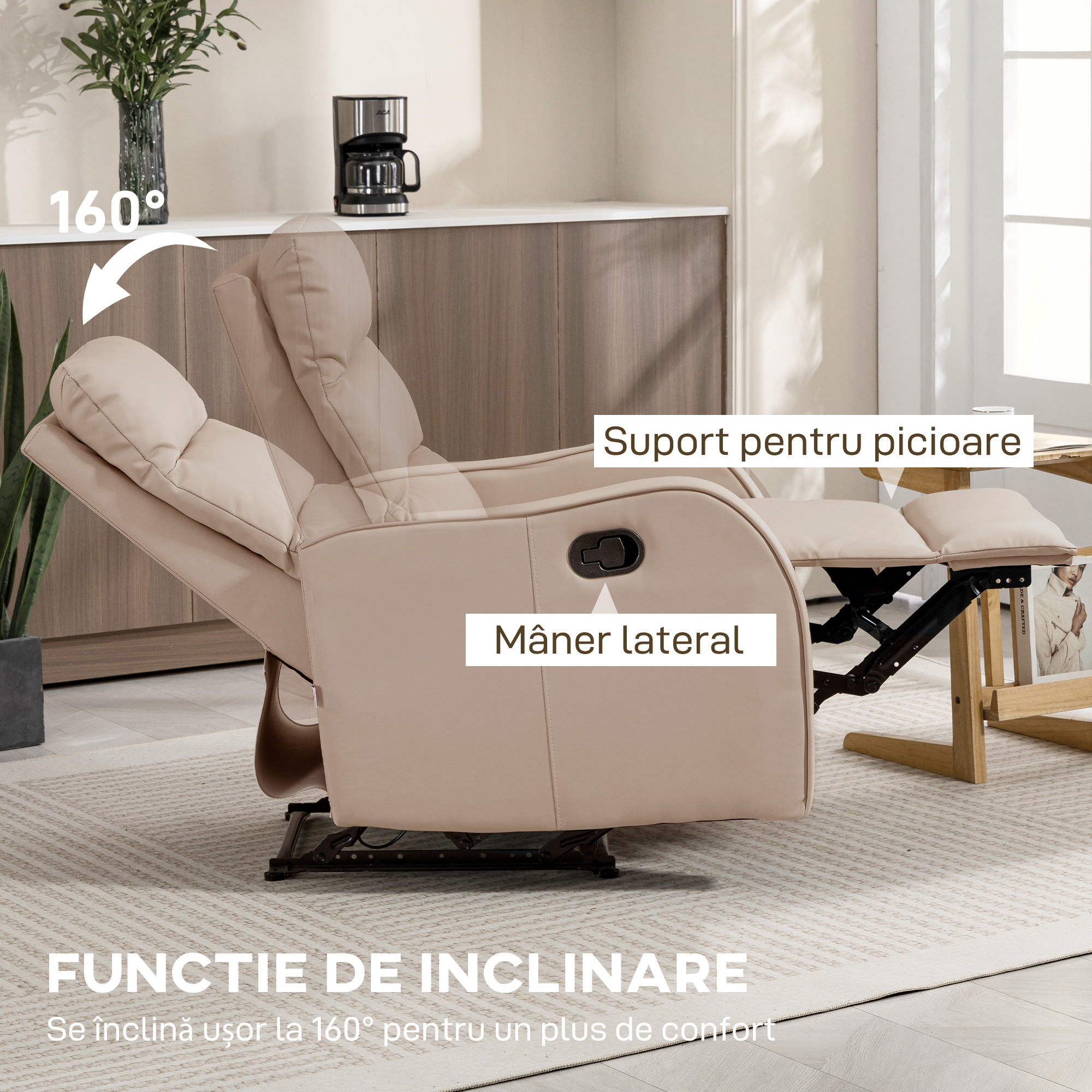  Fotoliu Reclinabil 160° cu Suport pentru Picioare, din Piele PU, Lemn si Otel, 65x89x100 cm, Maro Deschis [3]