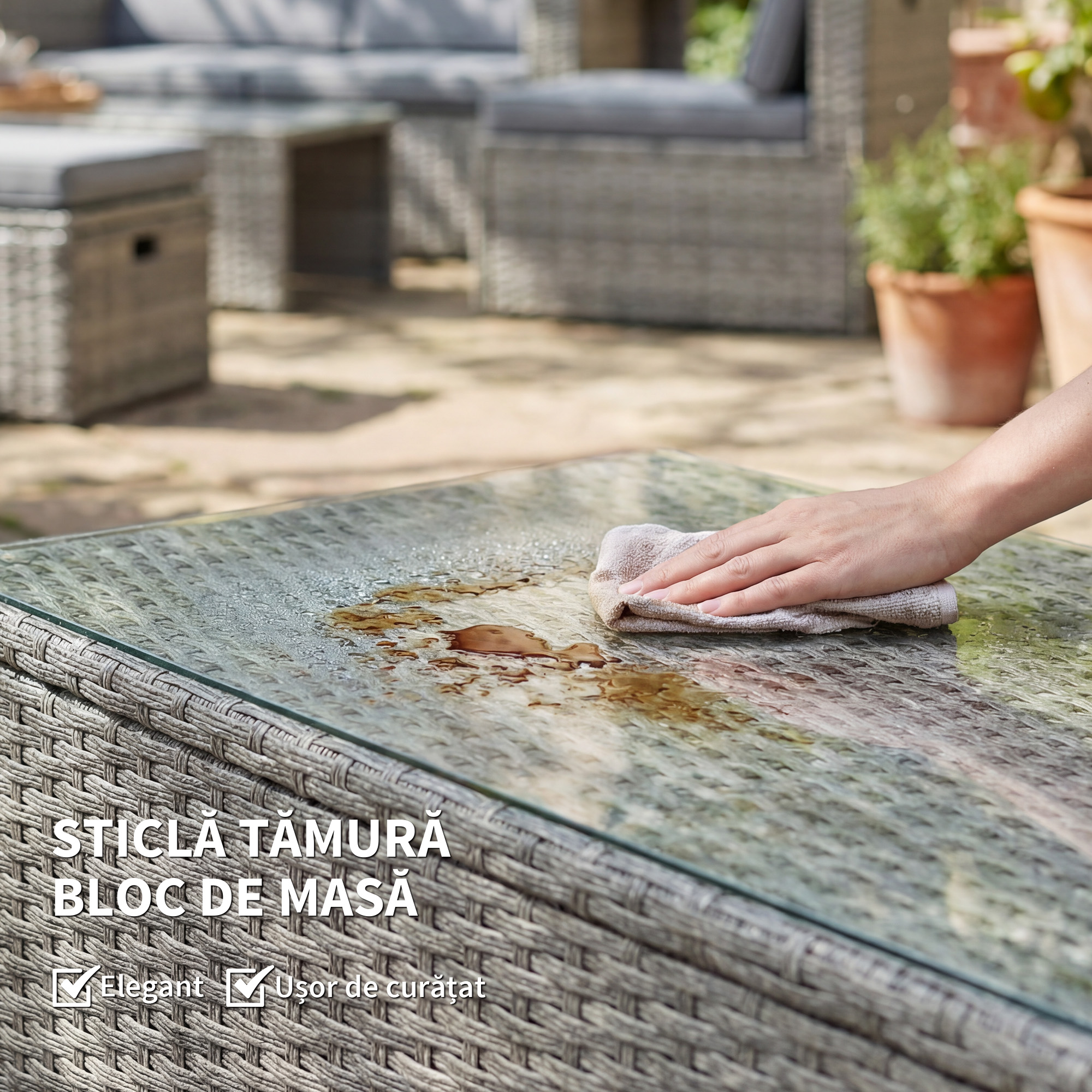  Set Exterior 6 Piese cu Canapea, 2 Scaune, Masa cu Blat din Sticla si 2 Suporturi pentru Picioare, Gri inchis [7]