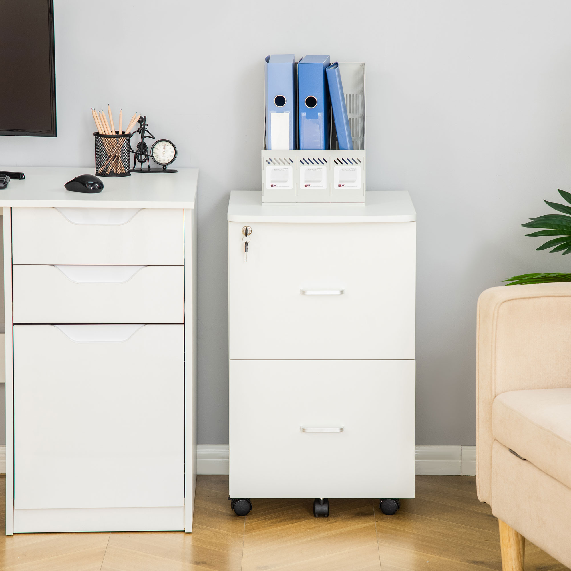  Dulap mobil pentru dosare cu 2 sertare, cu blocare, dulap de birou din lemn cu roti de blocare pentru A4, Letter, alb [6]