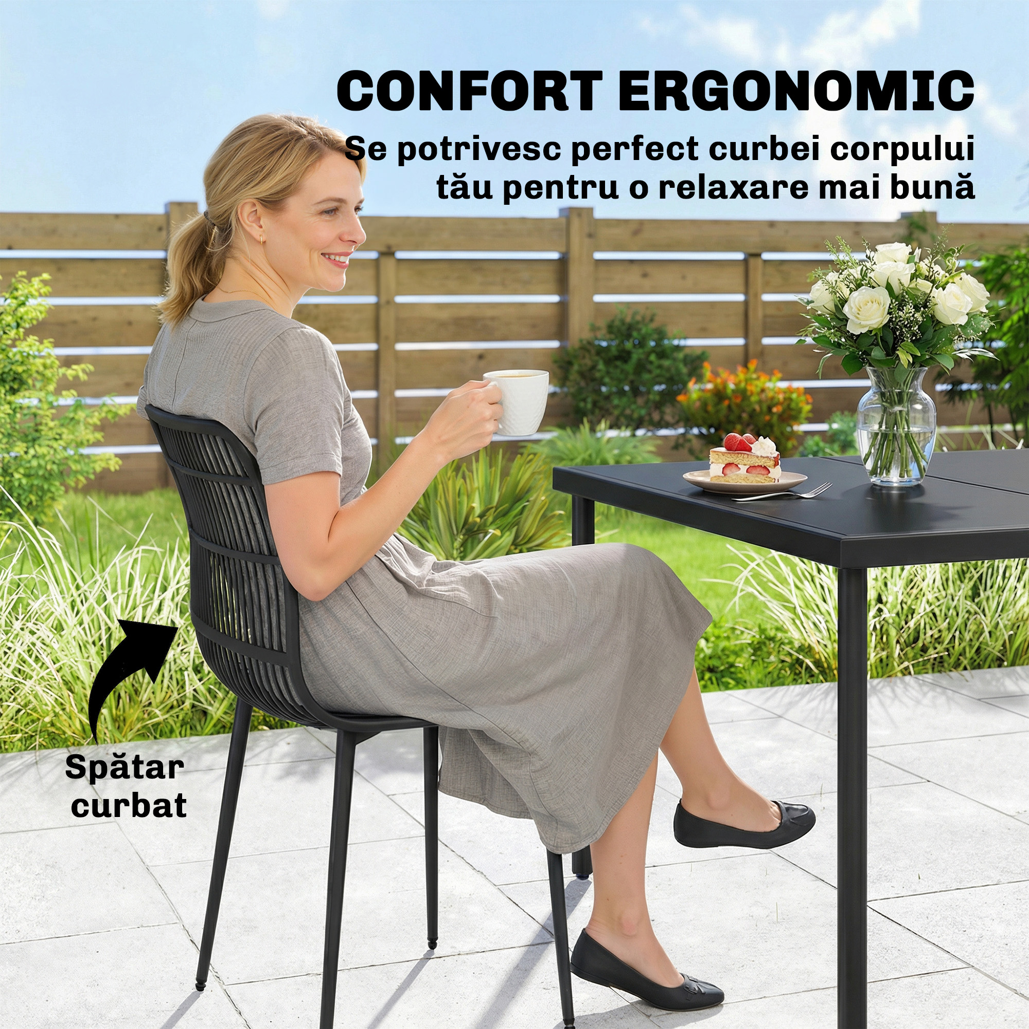  Scaune de Dining pentru Exterior Set de 4, Scaune de Gradina cu Spatar Fisurat, Negru [4]