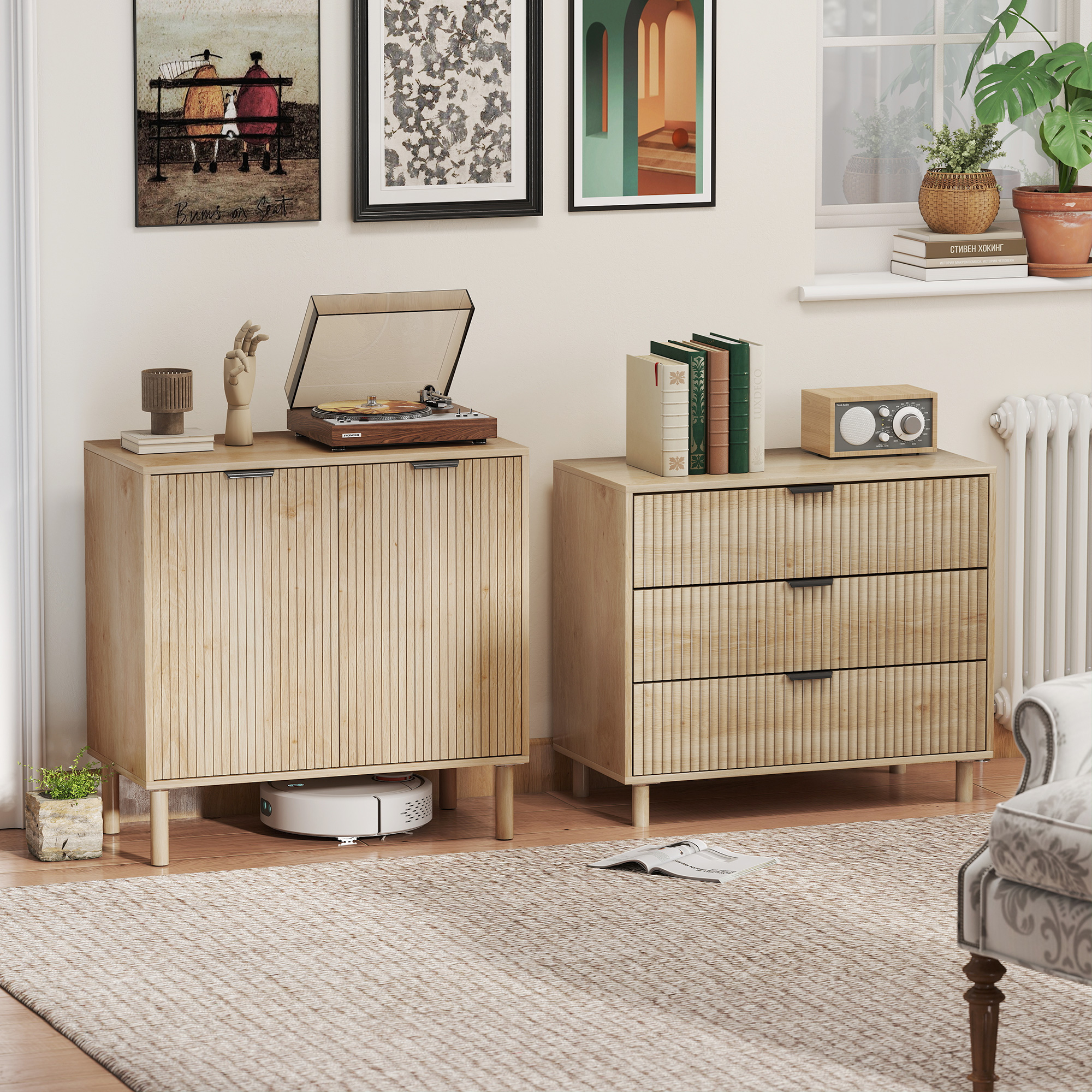  Comoda cu 3 Sertare, Picioare din Lemn Masiv si Design Canelat, 80x40x77,5 cm, Lemn Natural [7]