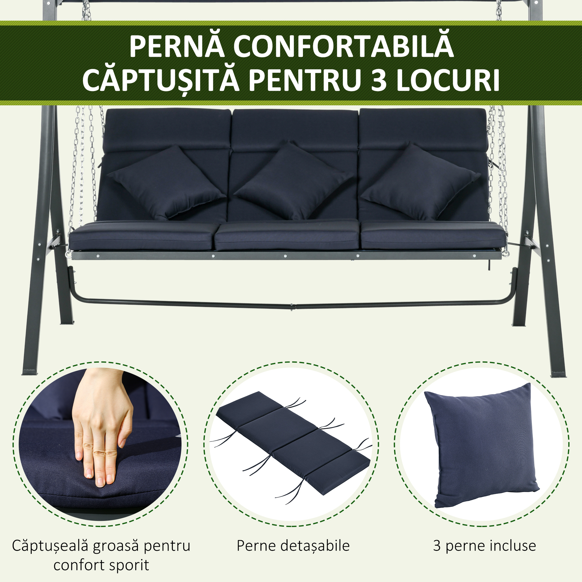  Balansoar de Gradina cu 3 Locuri, Copertina Reglabila si 3 Perne, 198x118x168 cm, Albastru [6]