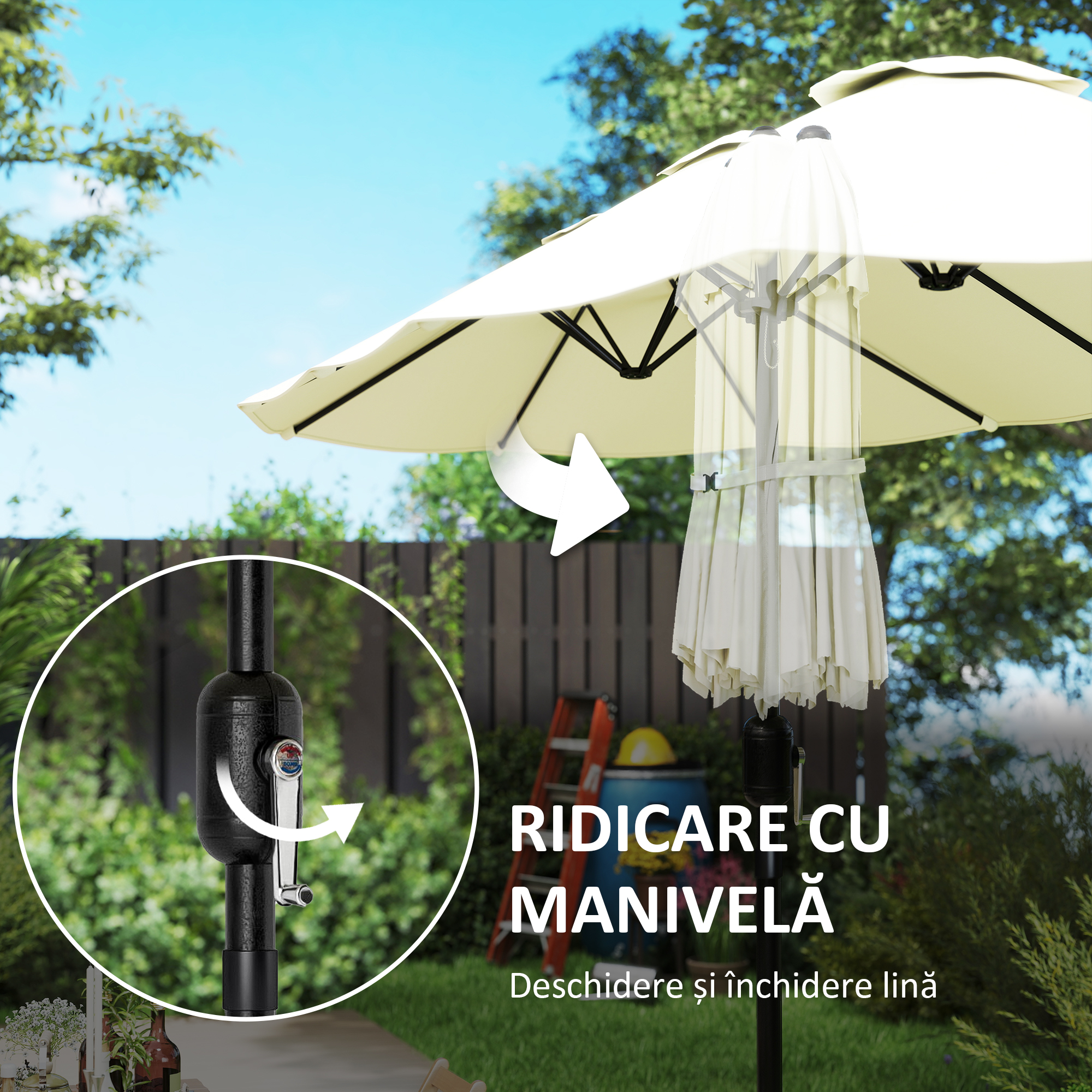  Umbrela Dubla cu 12 Spite, Manivela, Baza in Forma de Cruce si Saci, din Metal si Poliester, 3x1.5 m, Bej [7]